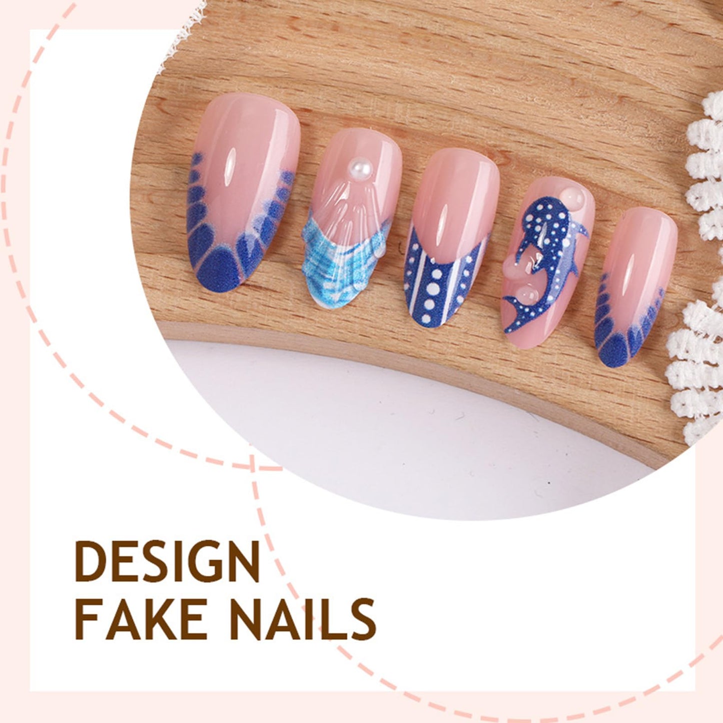 Ocean Press on Nails with Blue Whale Design French Tips False Nails Glossy Blue Beach Medium Almond Fake Nail Summer Stick on Nail Seashell Glue on Artificial Fingernails for Women Daily Wear