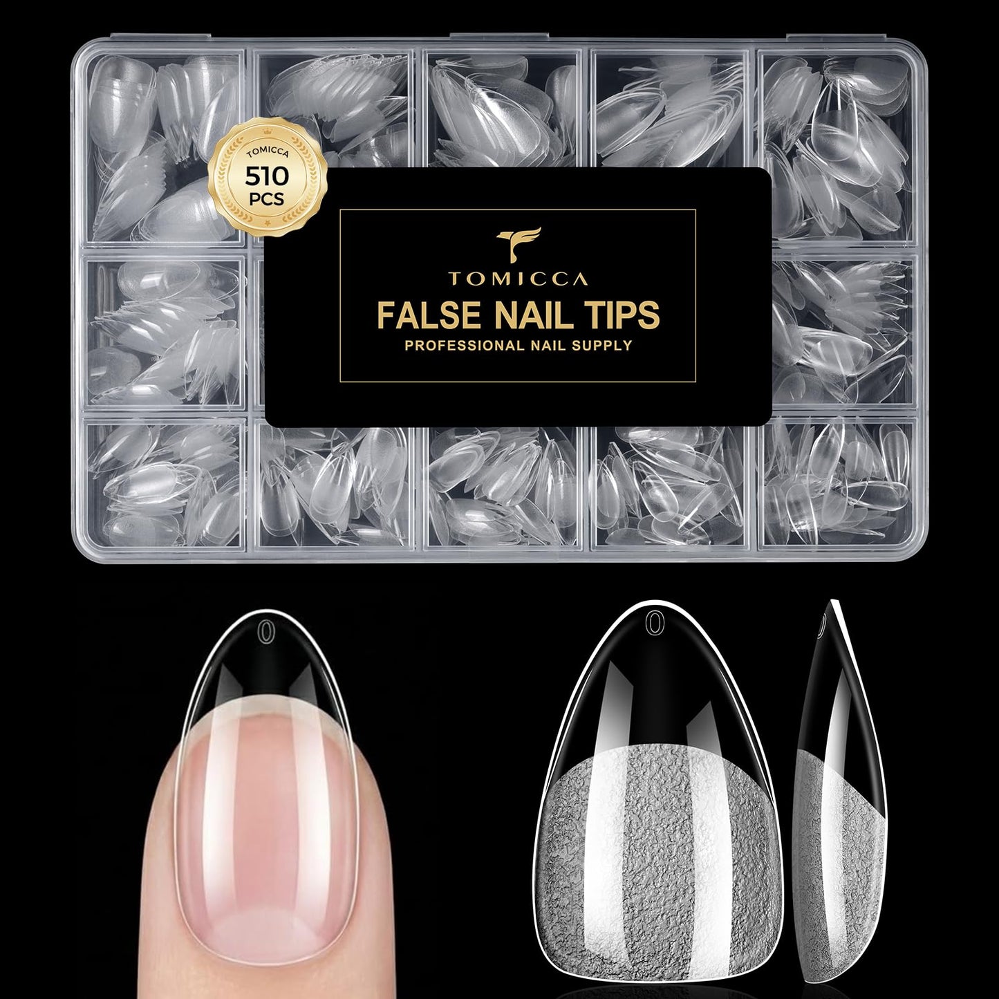 TOMICCA Short Almond Nail Tips 510PCS, 15 Sizes Gel Nail Tips for Clear Acrylic Nails, Almond Nail Tips for DIY Salon, Gel Nail Extension Tips for Beginners & Nail Techs