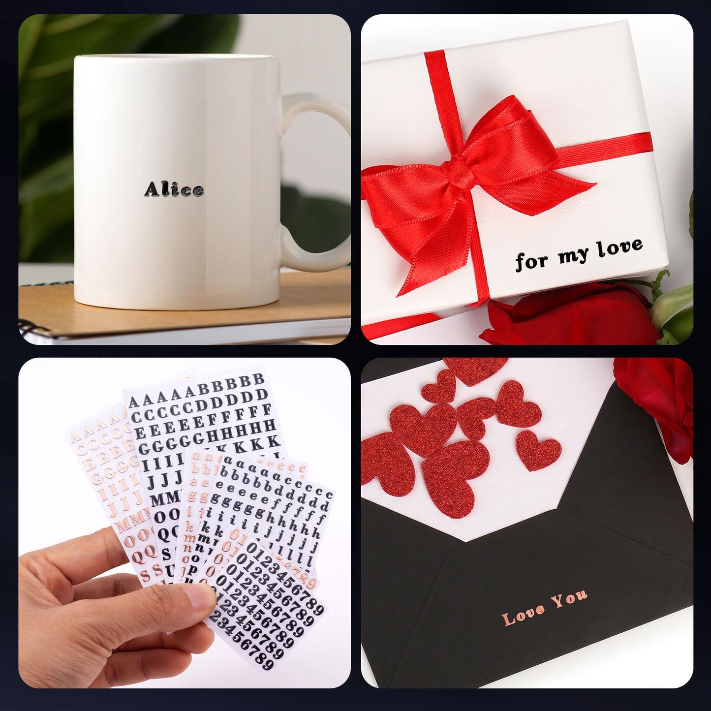 OIIKI 640pcs 6 Sheets Small Letter Number Stickers, 3D Self-Adhesive Mini Letter Stickers, Alphabet Number Decals Decoration Supplies for Scrapbook Nail Keyboard DIY Crafts- Rose Gold & Black