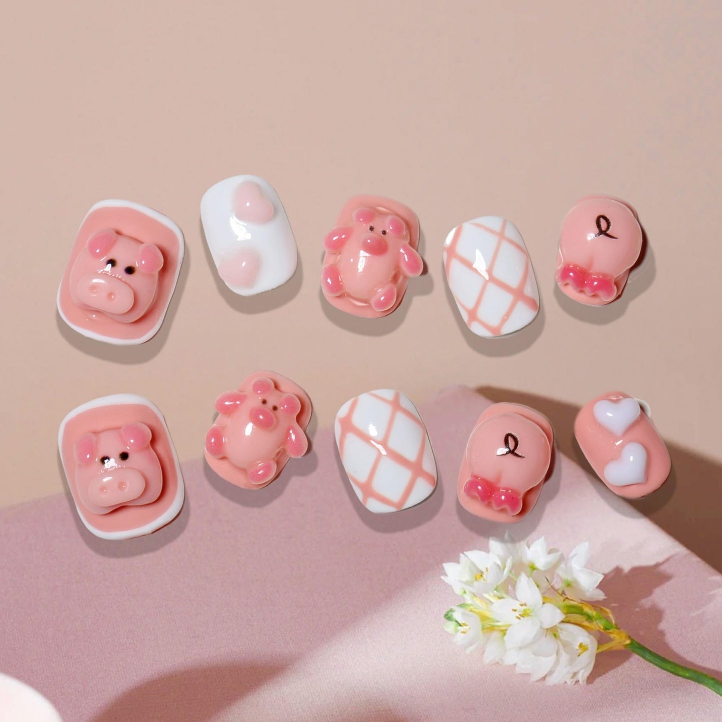 Sun&Beam Nails Handmade Press-on Short Square Round Pink White Pig Design Fashionable False Nail Tips 10 Pcs Set (#157 S)