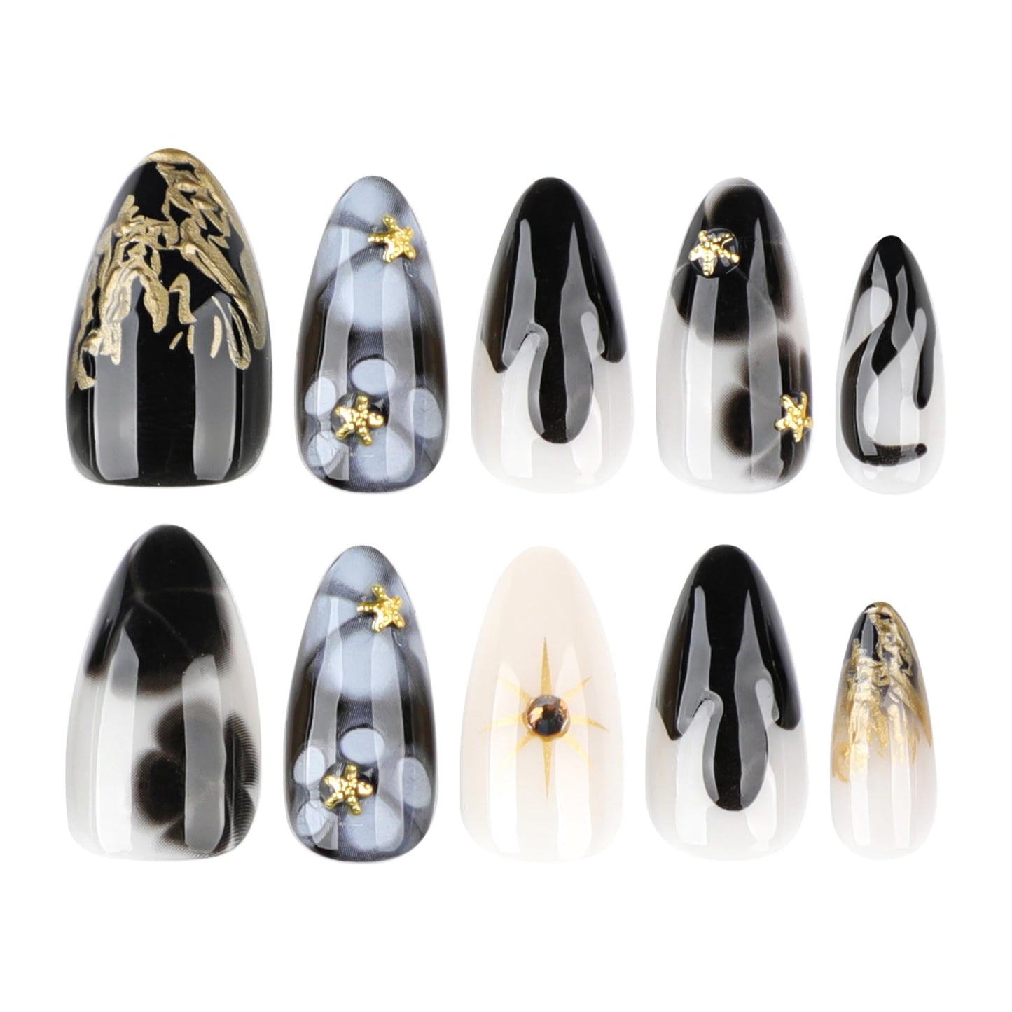 Almond Press On Nails Medium Fake Nails 3D Gold False Nails Flower Rhinestone With Gradient Design Artificial Nails Glossy Acrylic Stick On Nail Full Cover Glue On Nail For Women Manicure 24pcs