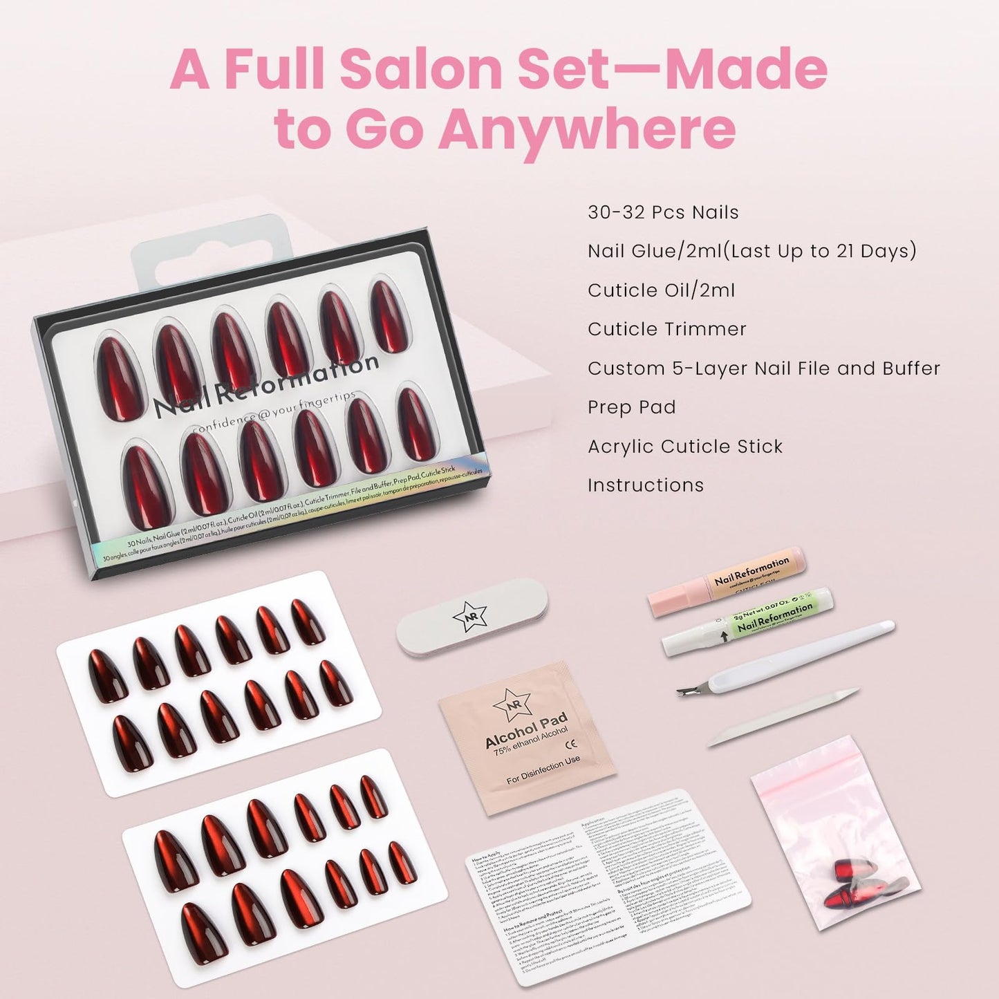 Nail Reformation Press On Nails, Burgundy Red Medium Almond Fake Nails with Cat Eye Velvet Finish, Natural Reusable Opaque Stick On Nails in 15 Sizes - 30 Nail Kit with Glue, Manicure Gifts for Women