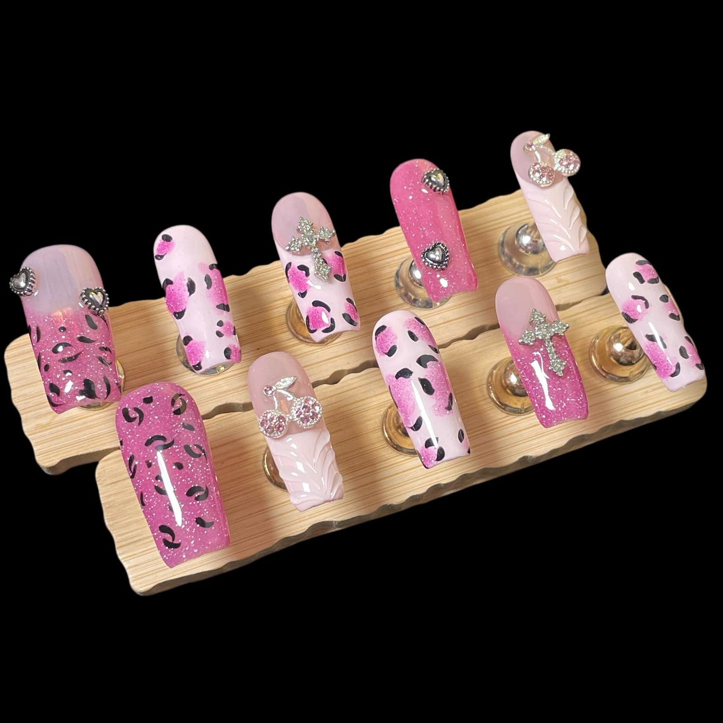 Handmade Press On Nails Pink Leopard Print Design Medium/Long Square Cherry Charms, Glitter Ombre Artificial Acrylic Thick False Nails (Sparkle, L)