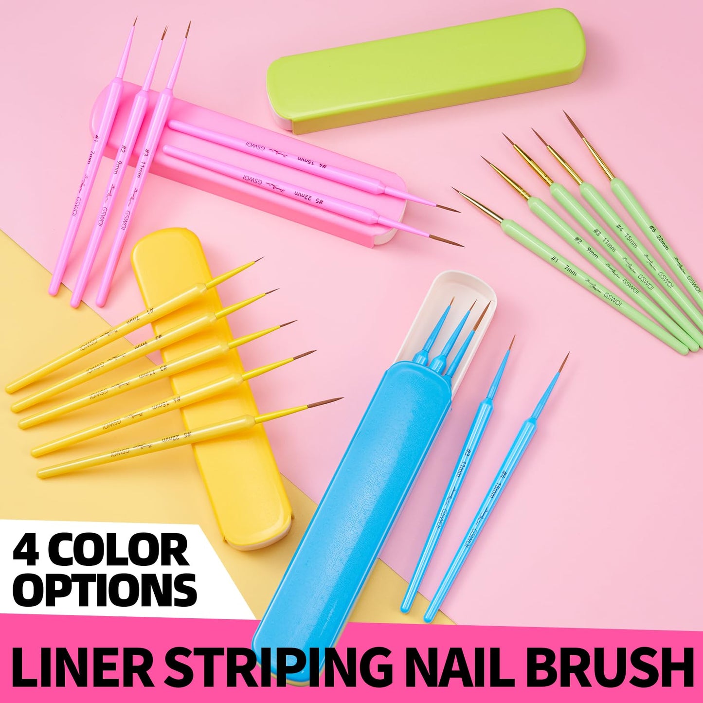 Nail Brush Set for Nail Art Liner Brushes,GSWOI 5Pcs Thin Liner Striping Brush for Nails Gel Polish Painting Designs Elongated Lines -Sizes 7/9/11/15/22mm(Yellow)