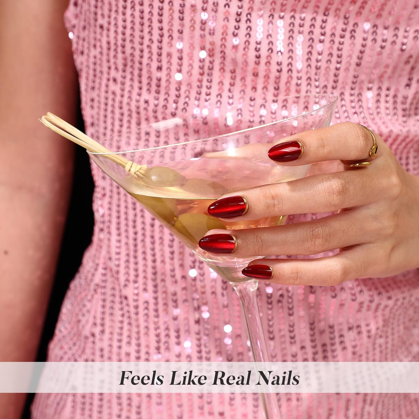 Dark Red Cat Eye Press on Nails Almond - SHANGMENG Soft Gel 3D Gold Foil Short Nails for Women Gift, Glossy Glue on Nails with Glue in 16 Sizes - 32 Reusable Fake Nails, Champagne & Cherries