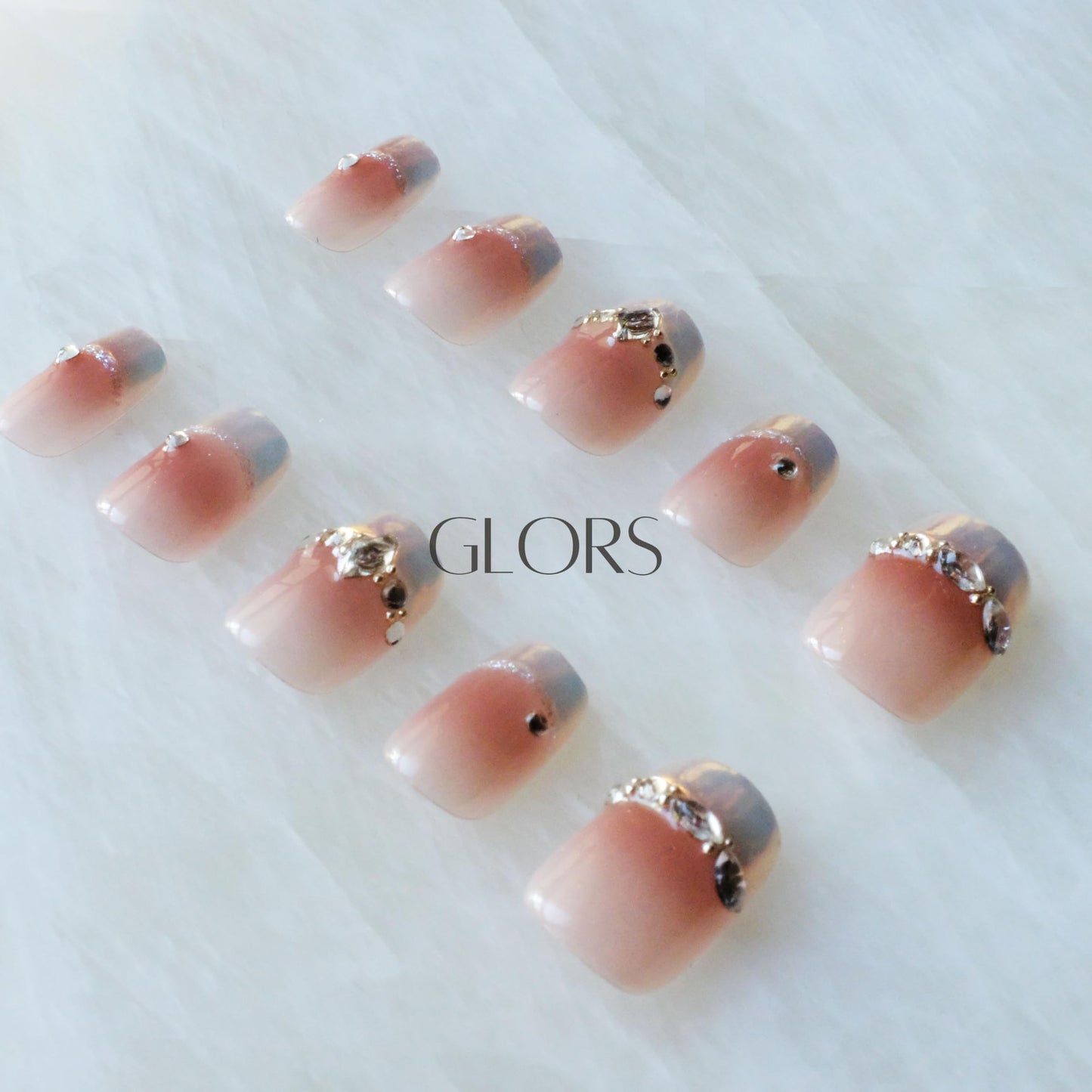 [GLORS] Purely Handmade Press On Nails | Moon Dream - French-style Pink Nail Tips with Diamond | Salon Quality Fake False Nails in Short Square 10 pieces (XS, SS)