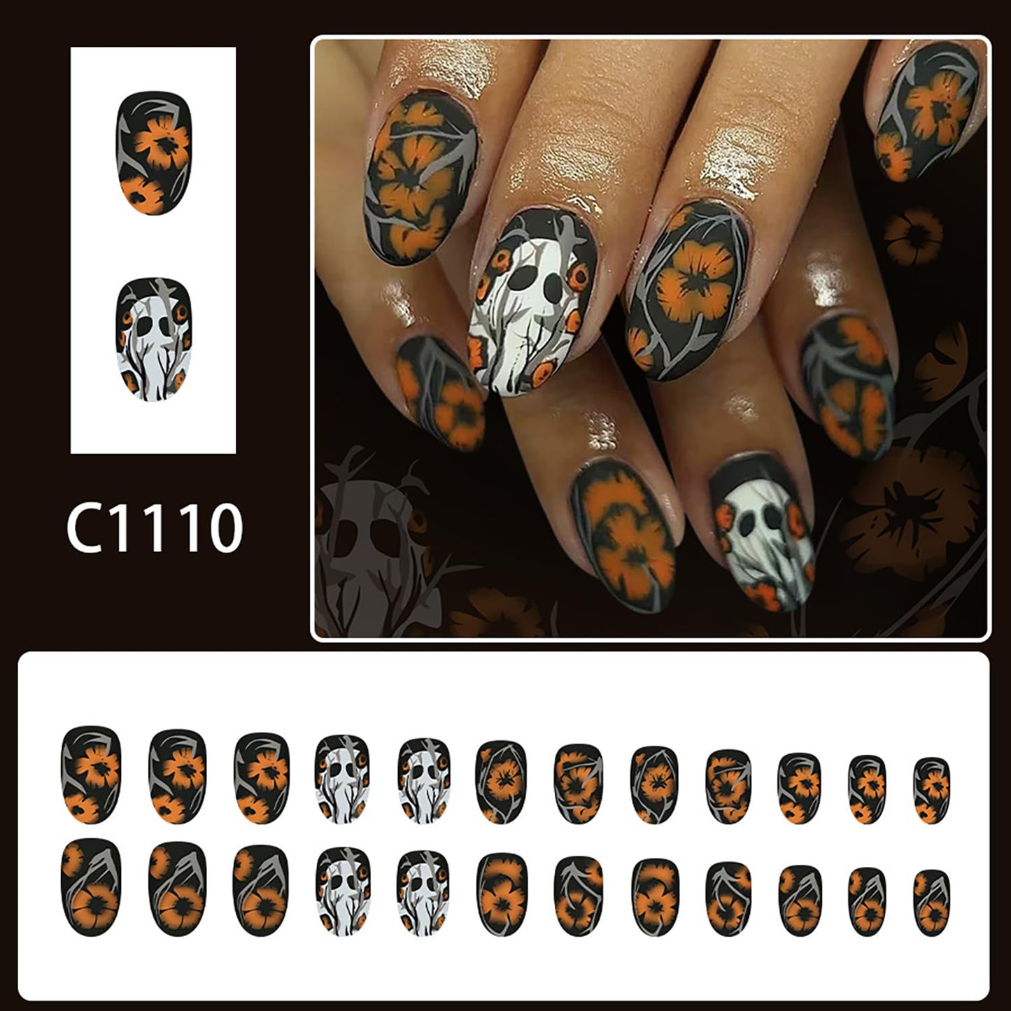 24Pcs Halloween Ghost Press on Nails Short Cute Ghost Flower Pattern Design Halloween Nail Full Cover Frosted Artificial Acrylic False Nail Black Oval Festival Stick on Nails for Women DIY Supplies