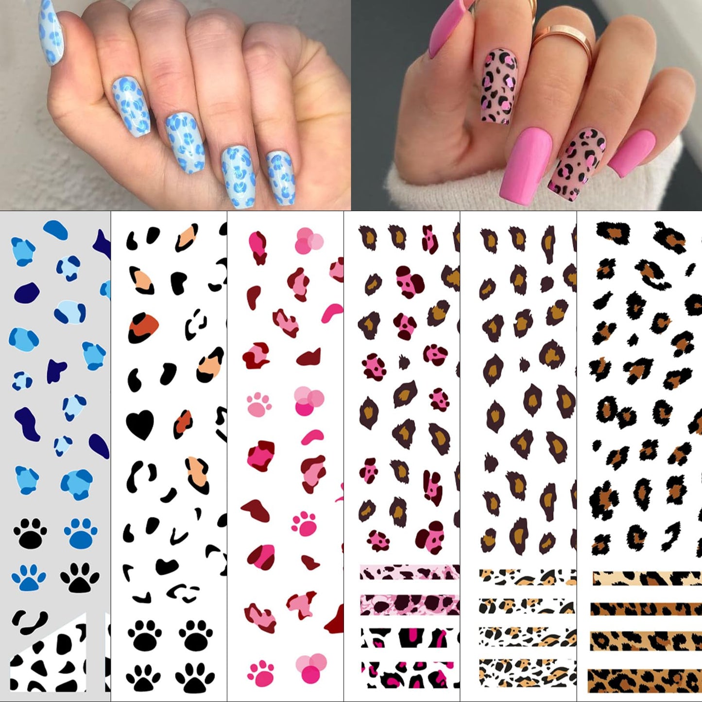 6 Sheets French Leopard Nail Stickers 3D Self-Adhesive Pink Brown Leopard Nail Designs Colorful Animals Suitable for Women Girls DIY