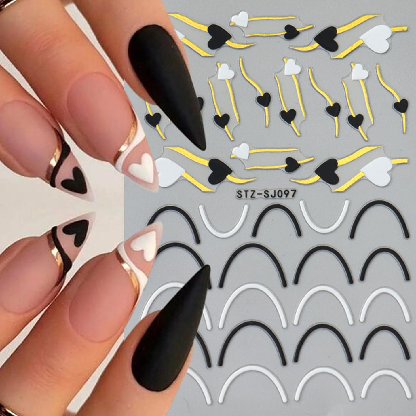 Heart Nail Art Stickers - Valentine's Day Nail Stickers White Black Heart Nail Decals 3D Valentine's Nail Supplies Love Gold-Stamped Lines French Adhesive Decal for Women Girl Nail Decoration 2Sheets
