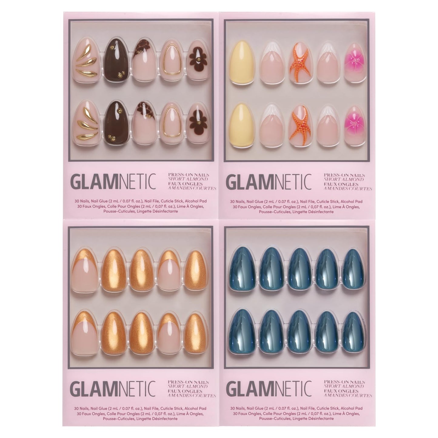 Glamnetic Short Almond Press-On Nails Bundle - Sunbaked, Sunset Tide, Orange Pop & Midnight Teal | Tropical Nails, 3D Nail Art, French Tips, and Salon-Quality Nail Finishes