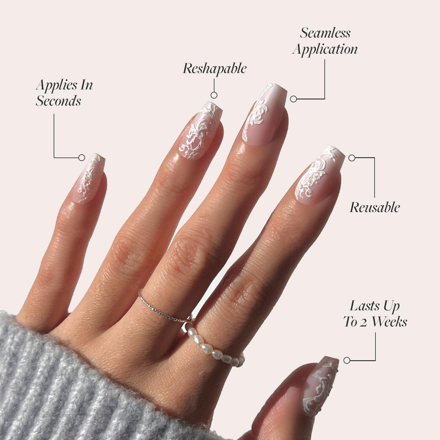 Glamnetic Press-On Nails & Adhesive Nail Tabs - Lace Blush | Medium Coffin Fake Nails with Lace Detailing | 15 Sizes - 30 Nail Kit with Adhesive Tabs
