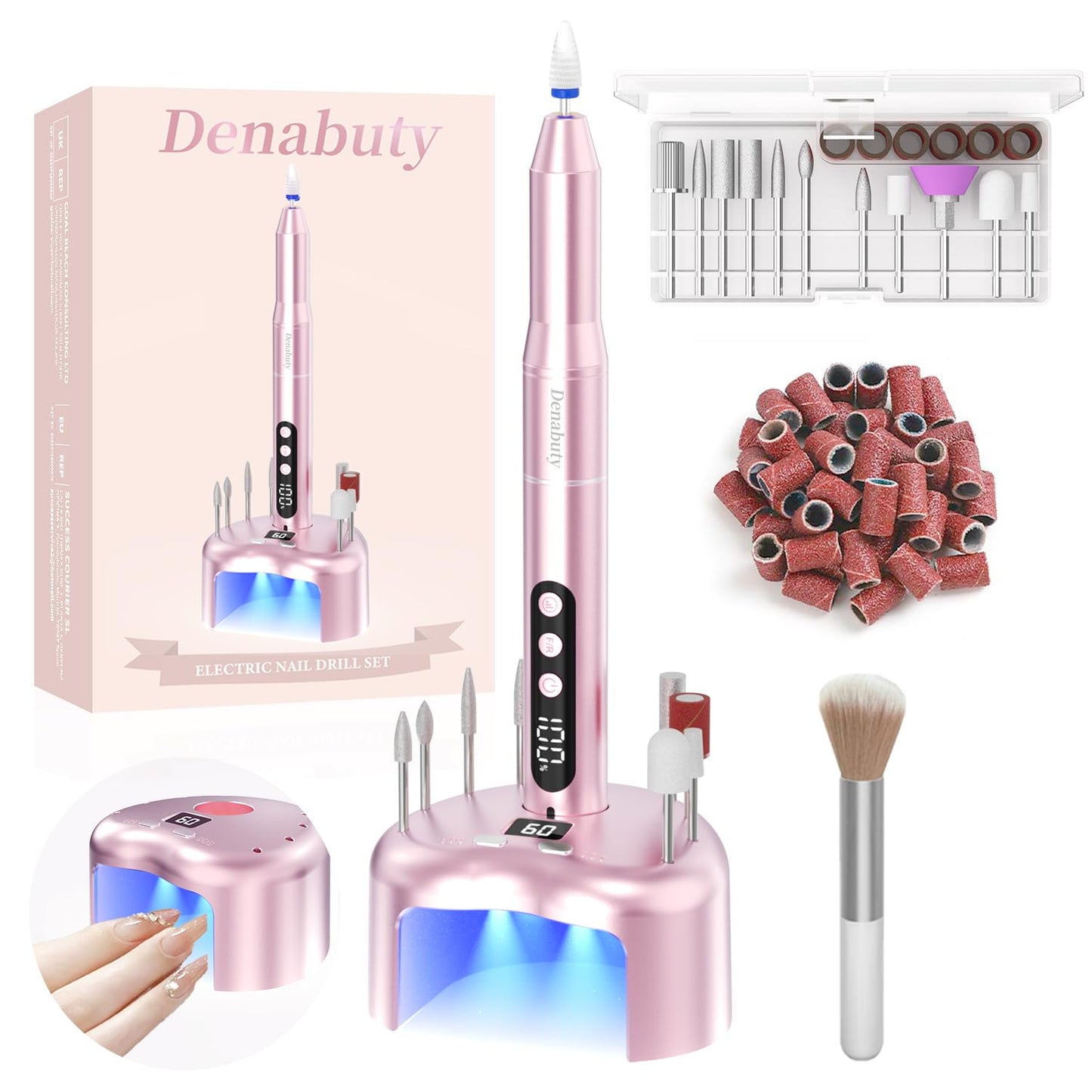 Denabuty Cordless Electric Nail Drill File: 35000RPM Professional Nail Drill Machine with UV LED Nail Lamp Charging Base, Manicure Pedicure Kit E File for Acrylic Gel Dip Powder Polish Pink