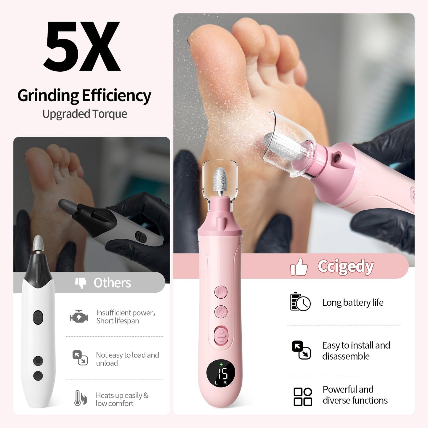Electric Nail Drill Kit, Nail Filer Electric with LCD & Lamp, Rechargeable Pedicure Tools for Feet, Toenail Grinder for Thick Toenails, Cordless Nail Dremel Tools for Women & Men