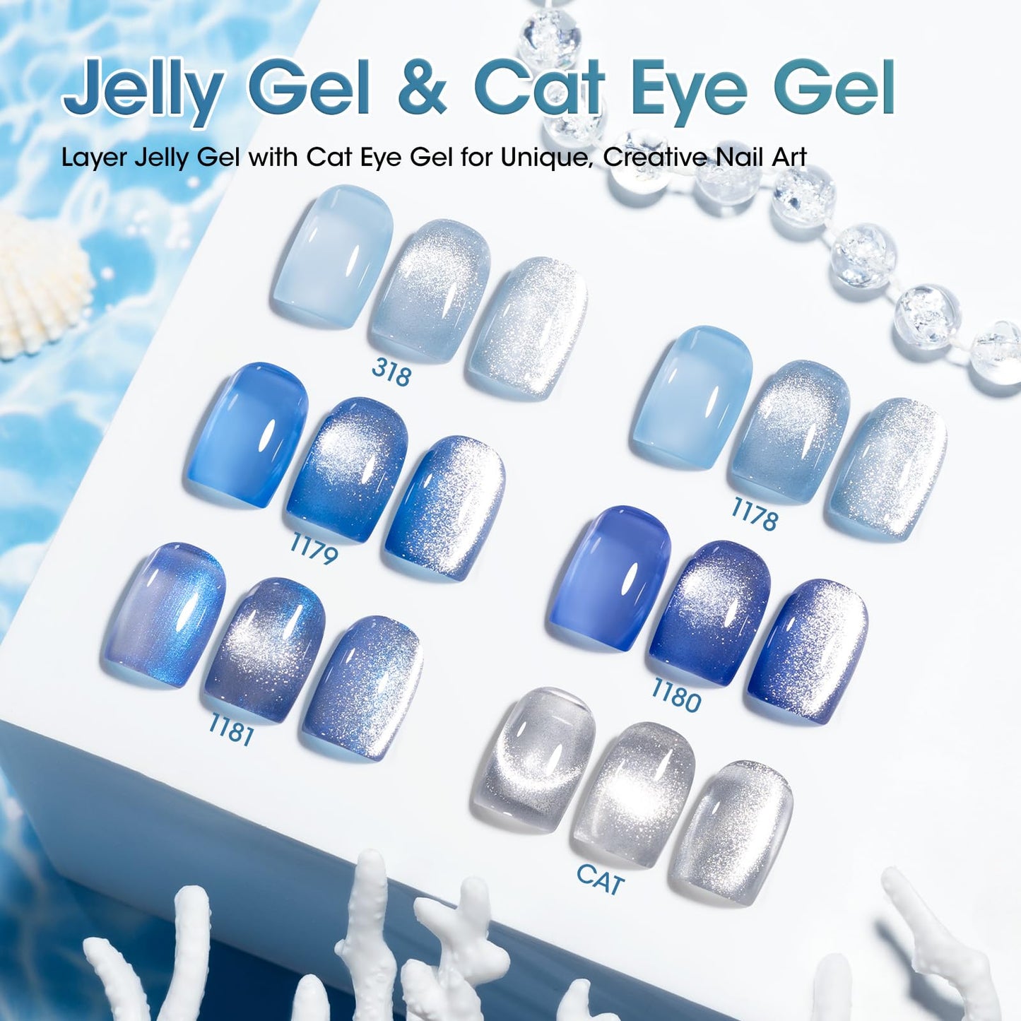 GELLEN Jelly Blue Gel Nail Polish Set, 6pcs Transparent Jelly Blue with Silver Glass Cat Eye Gel Nail Polish with Magnet, for Salon Nail Art at Home DIY