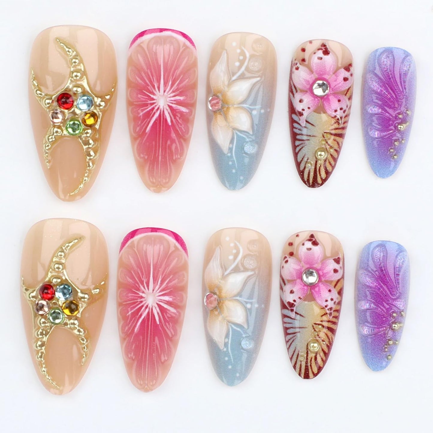 24Pcs Handmade Almond Press on Nails Fake Nails 3D ice Flower Stripes False Nails with Pink Gradient Gold Beads Designs Glitter Rhinestones Nails French False Stick on Nail for Women DIY Tips