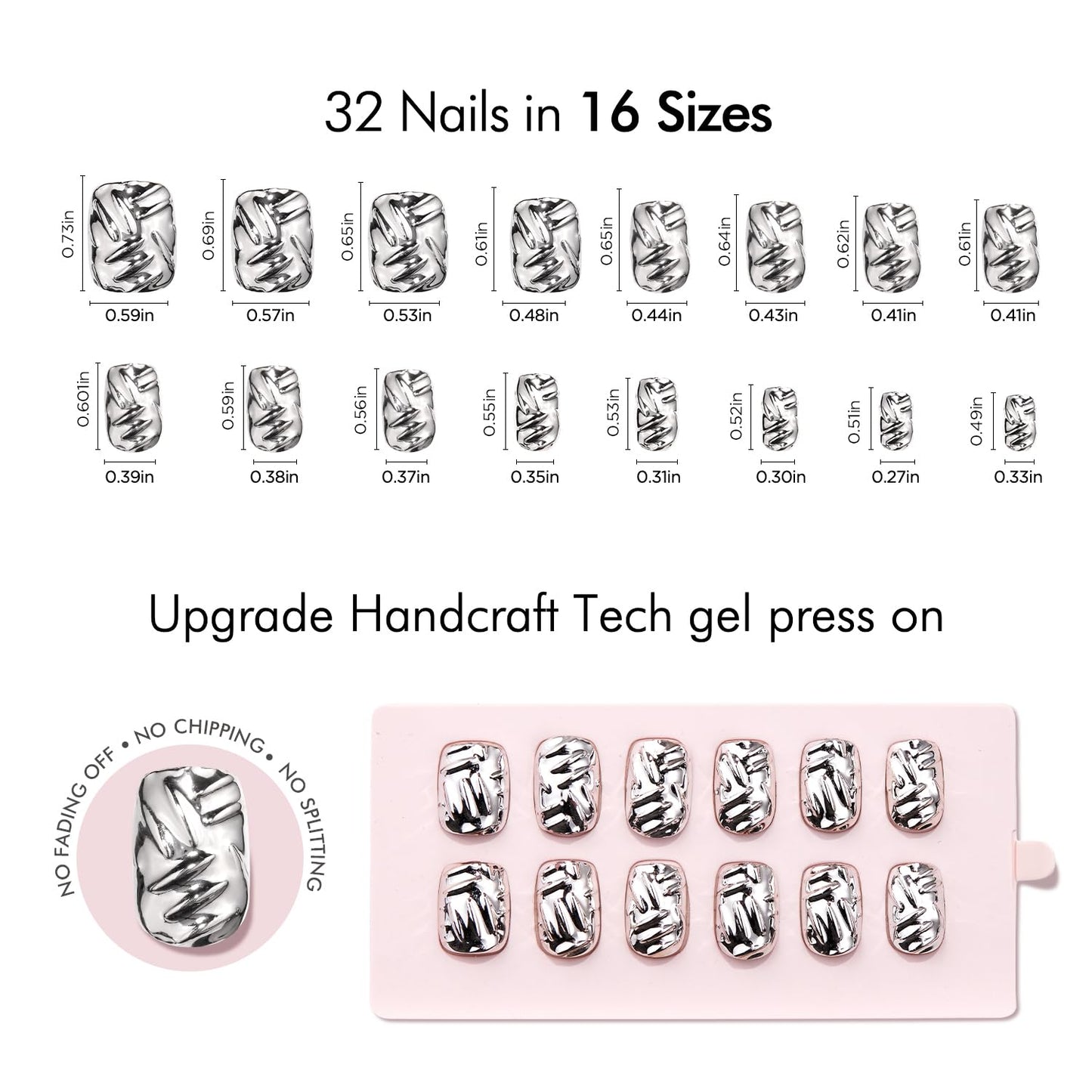 VSALON Short Square Press on Nails - Silver Metallic Chrome 3D Sculpting Fake Nails Kit, Reusable Opaque Punk Glue on Nails, Cuticle Oil - 32 PCS Stick on Nails in 16 Sizes