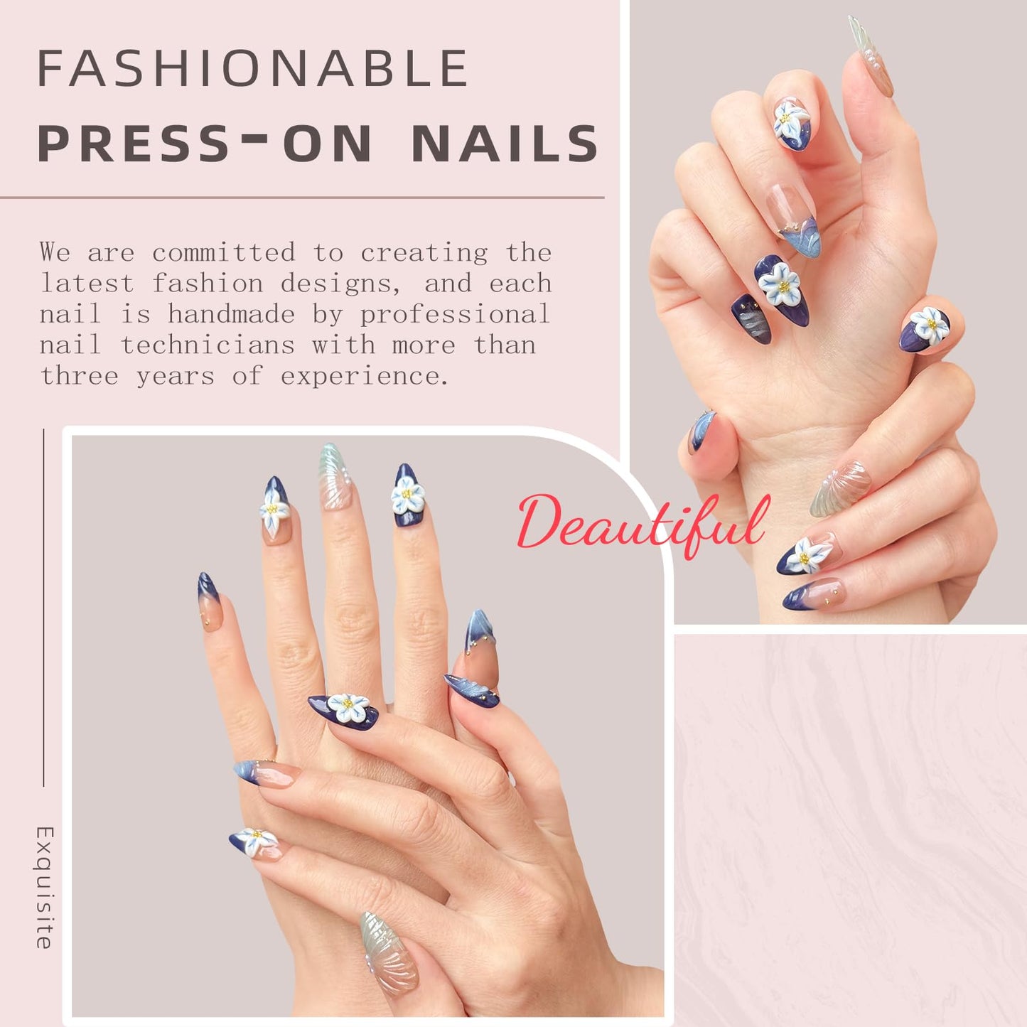 Handmade Press-On Nails – Medium Almond Thick Acrylic Gel Nails, Reusable 3D Flower False Nails, Gradient Blue French Tip Manicure – Salon-Quality DIY Nail Art(10PCS-S)