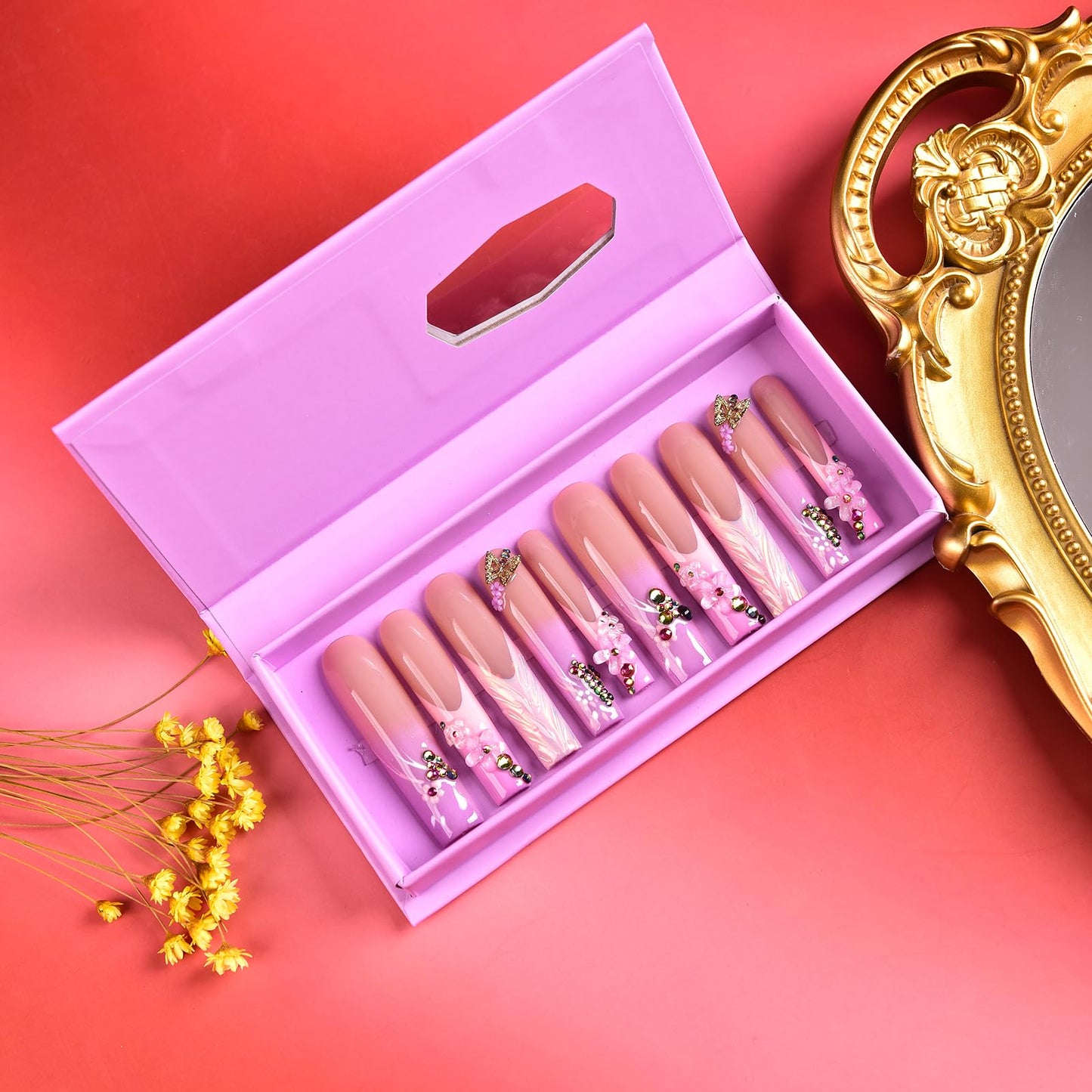 Tmani 10pc/set Extra Long Handmade Press On Nail Hot Girl's Long Ballet Nails Square Nail Full of Diamond Glitter Decoration Fake Nails Suitable For Girls Festival Parties and Birthday Gift (294,L)