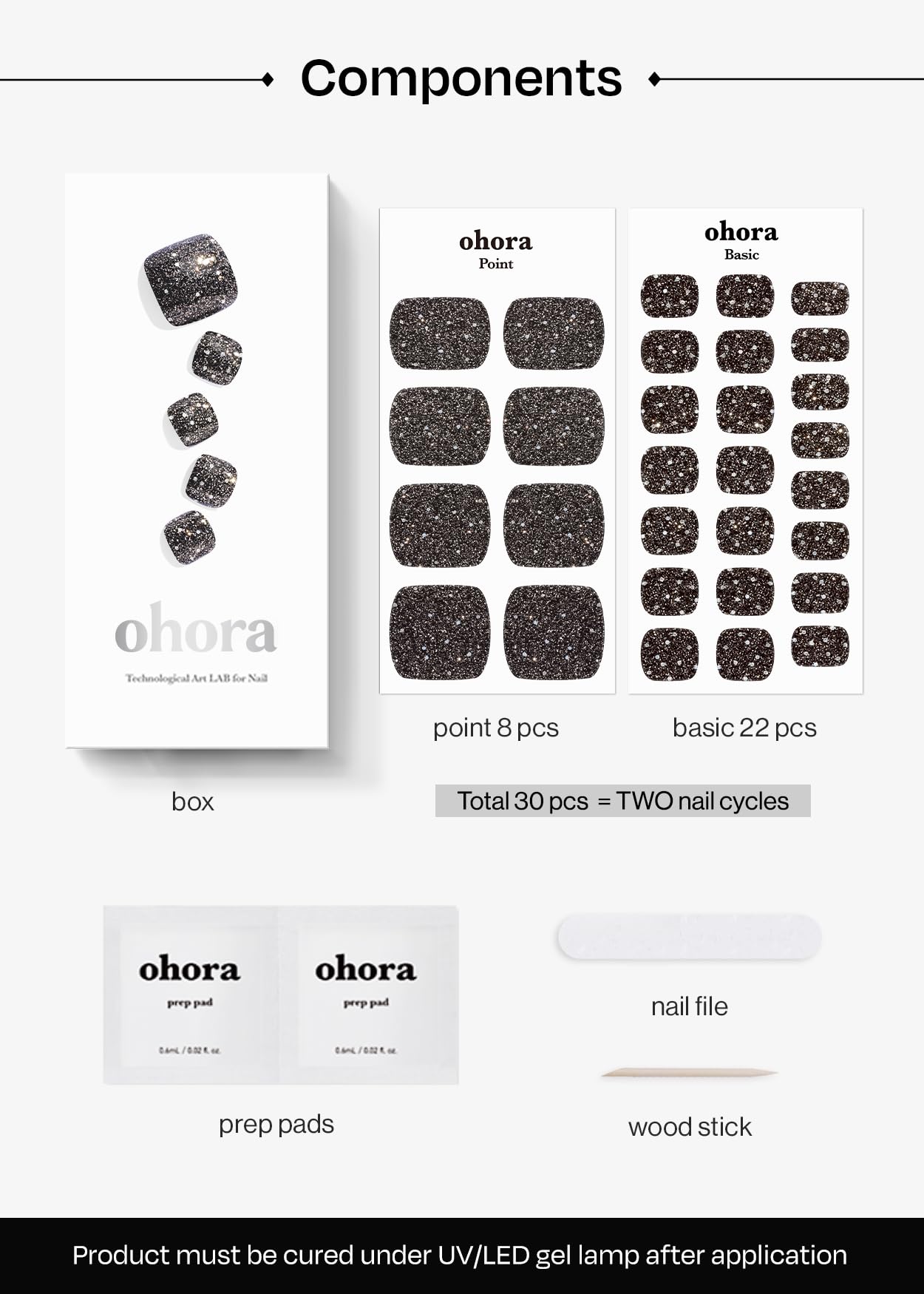 ohora Semi Cured Gel Pedi Strips (P Pirate) - Works with Any Nail Lamps, Salon-Quality, Long Lasting, Easy to Apply & Remove - Includes 2 Prep Pads, Nail File & Wooden Stick