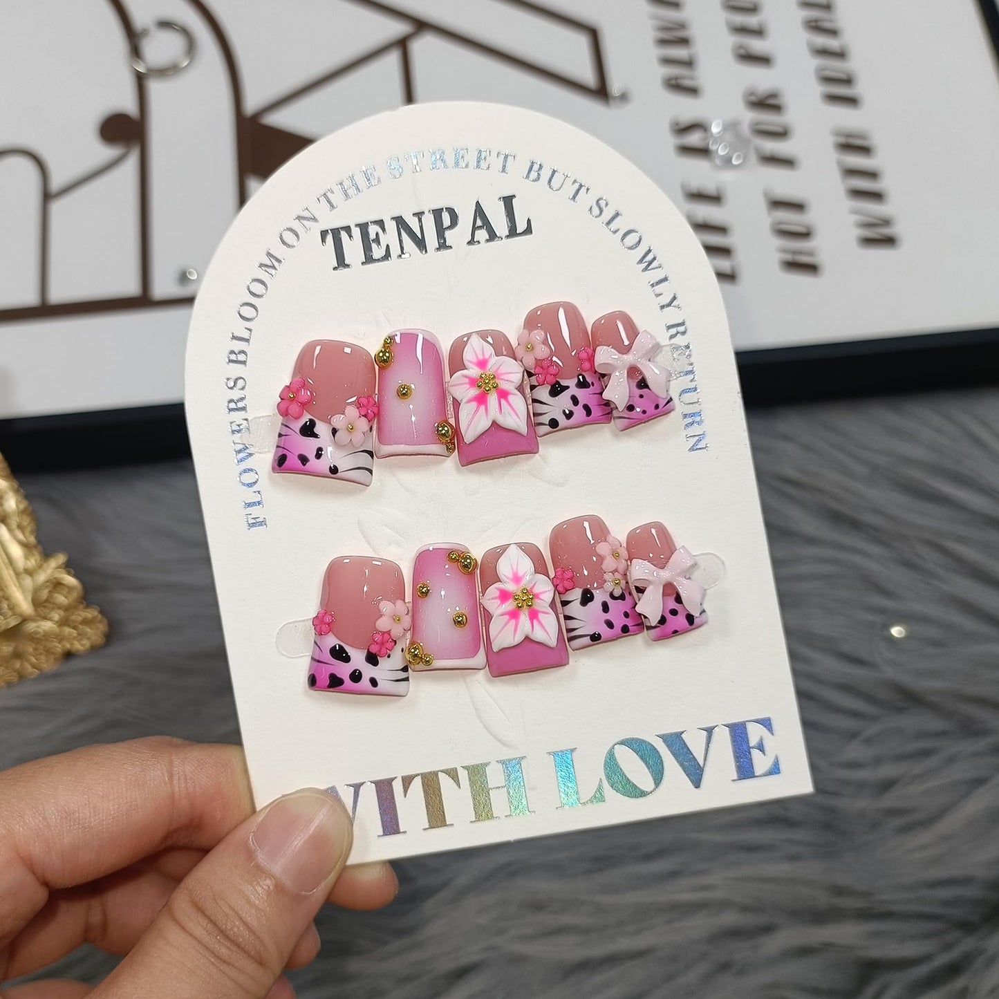 TENPAL 10Pcs Ballerina Press On Nails With Tools,Animal Print Flushed French Tips Glue on Nail with Gold Beads,3D Bow Flowers Designs Fake Nails,Glitter Sweet Punk Acrylic Duckbill Coffin Nails(M)