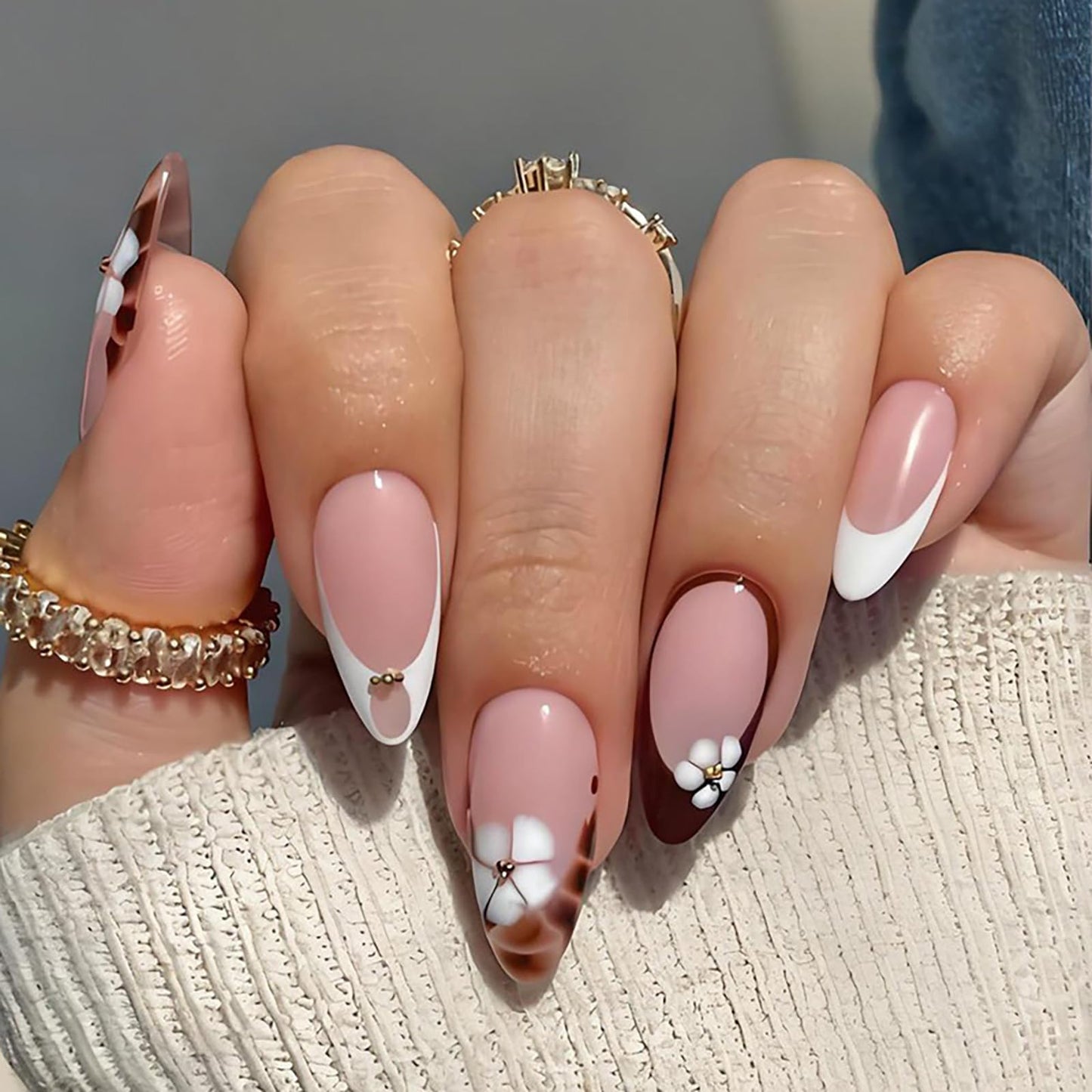 Medium Almond Press on Nails With Designs French Tip Flower Fake Nails Press ons Acrylic Nails False Glossy Christmas Artificial Full Cover Stick on Nails for Women Girls 24 Pcs