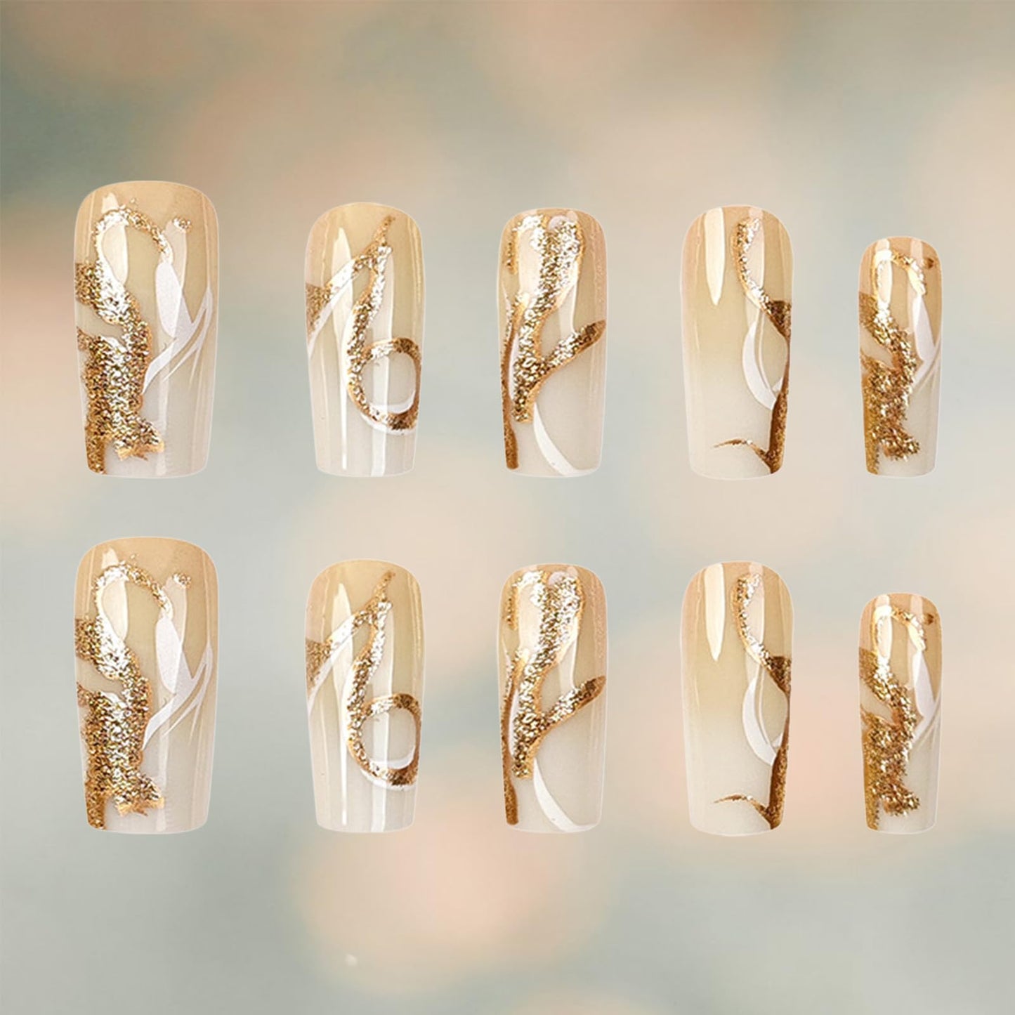 White Curve Line Press on Nails Glossy Yellow Gradient Medium Square False Nails Gold Glitter Acrylic Fake Nail 24Pcs Ombre Stick on Fingernails Vine Gel Glue on Nail for Coquette Women Girls