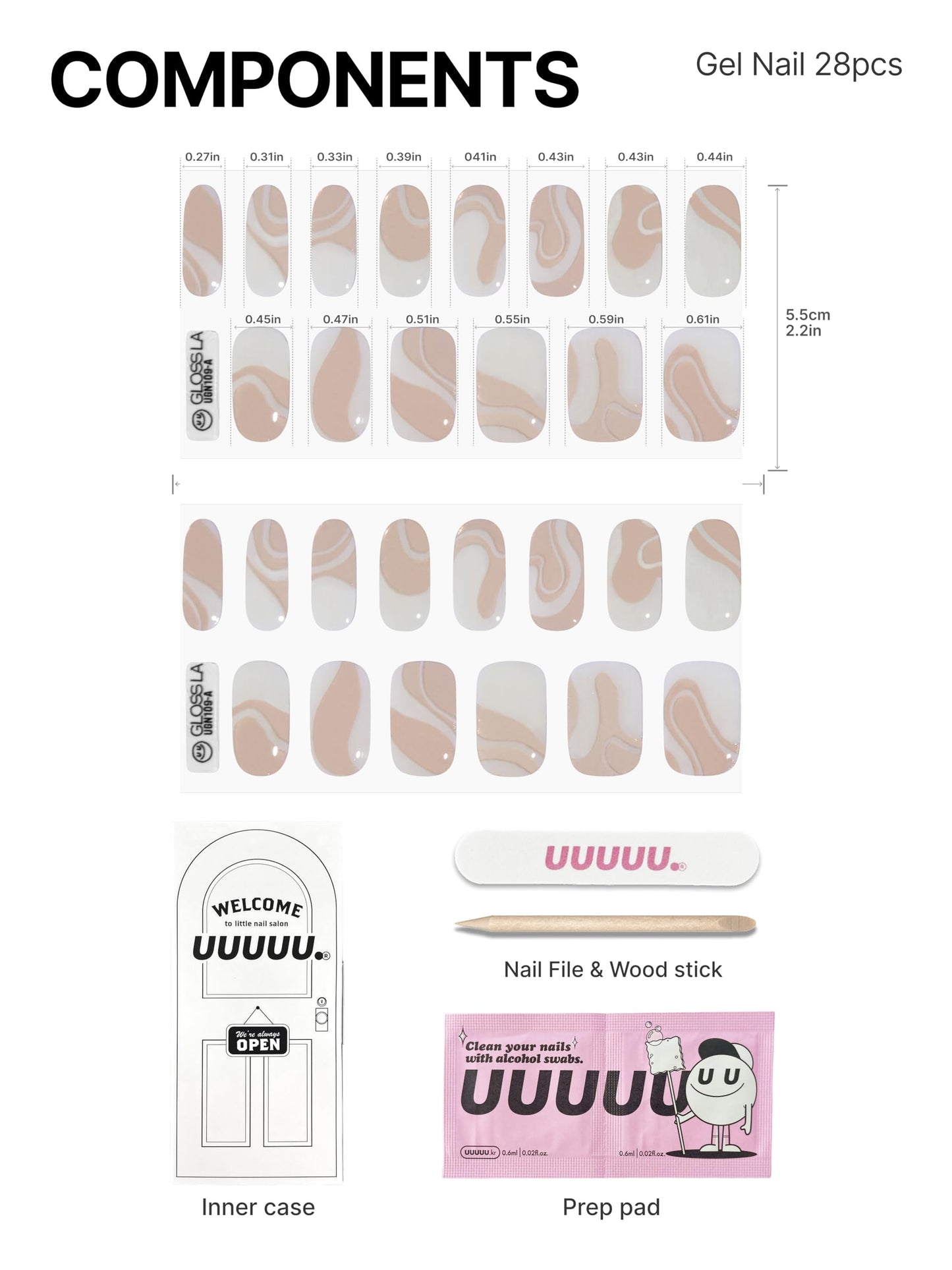 UUUUUU Semi Cured Gel Nail Strips | Salon-Quality | UV Free Gel Nail Wraps for Women | Easy Peel&Stick | Long-Lasting up to 14 Days | 28 Strips Set+File & Wipes | Gift-Ready(UGN109 Glossy & Nudy)