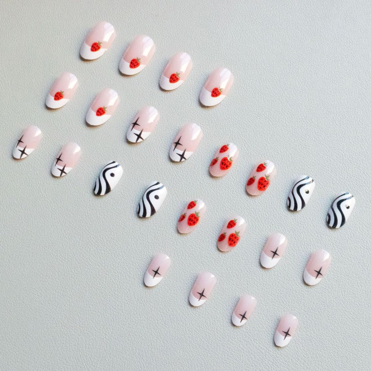White French Tip Press on Nails Medium Oval Fake Nails Press ons with Strawberry, Striped, Star Design,Cute Reusable Artificial Nail Full Cover Stick on Nails for Women Manicure 24Pcs