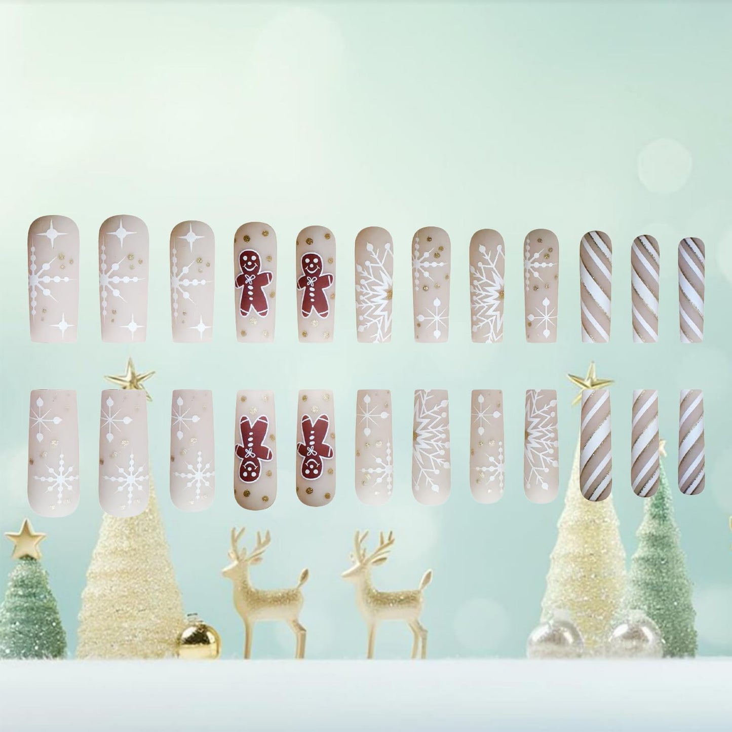 Cute Gingerbread Man Press on Nails Snowflake Stick on Fingernails Glossy Gold Glitter Acrylic Fake Nail Christmas Long Square False Nails 24Pcs Curve Line Gel Glue on Nail for Women Xmas Gift