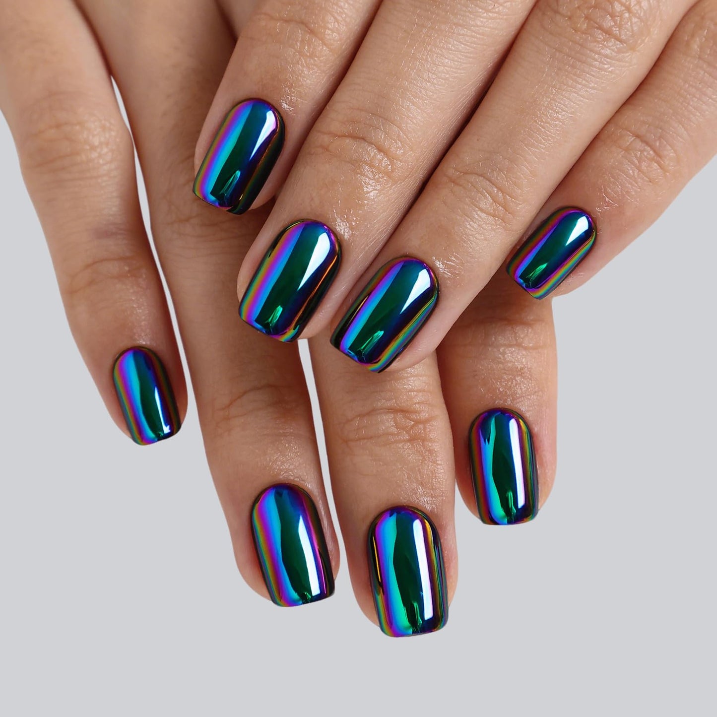 Metallic Chrome Press on Nails Squoval - SHANGMENG Blue Purple Holo Short Nails for Women Gift, Soft Gel Glossy Glue on Nails with Glue in 16 Sizes - 32 Reusable Fake Nails Kit, Neon Noir