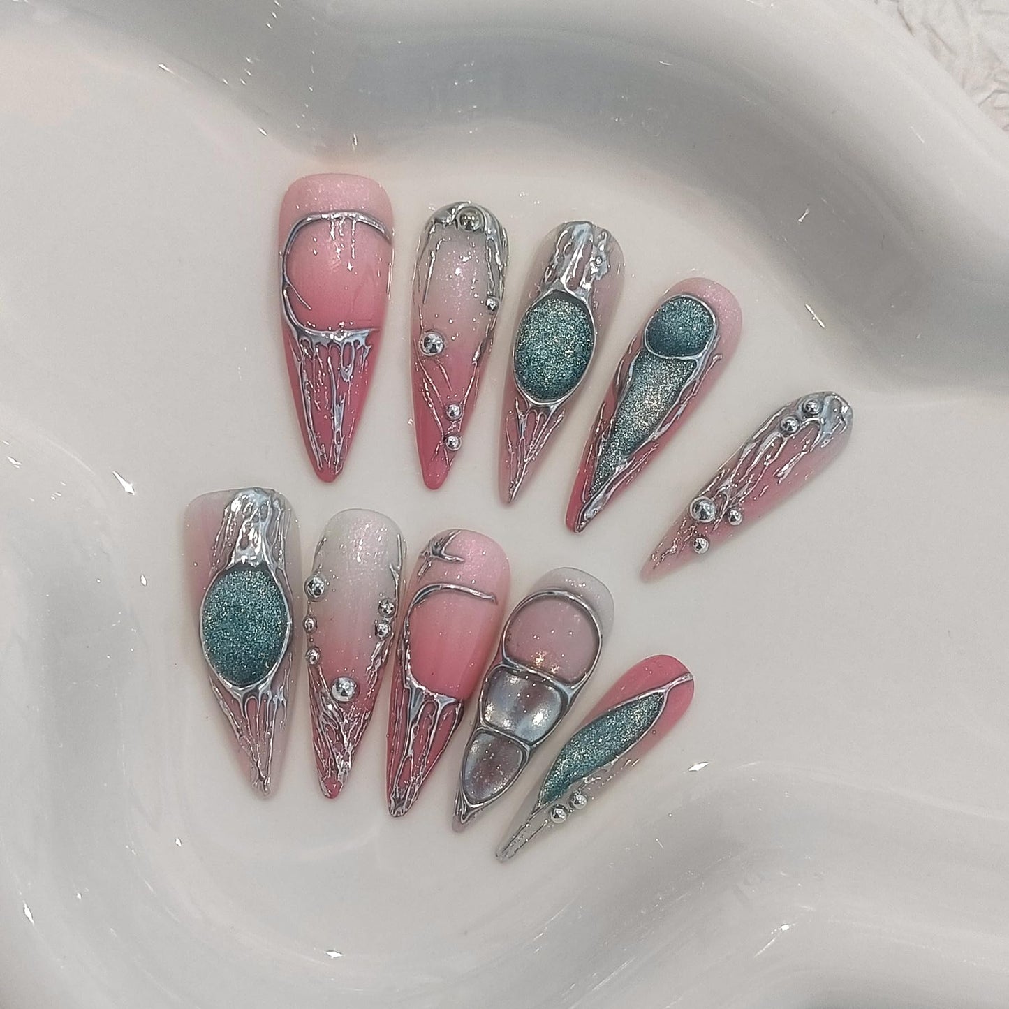 TENPAL Long Stiletto Press on Nails,Pink-Silver Holographic Gradient Hand-Painted Moons Fake Nails with 10pcs Tools,3D Cat Eye Glitter False Nails,Edgy Meteors Design Sweet-Edge Metal Nails(L)