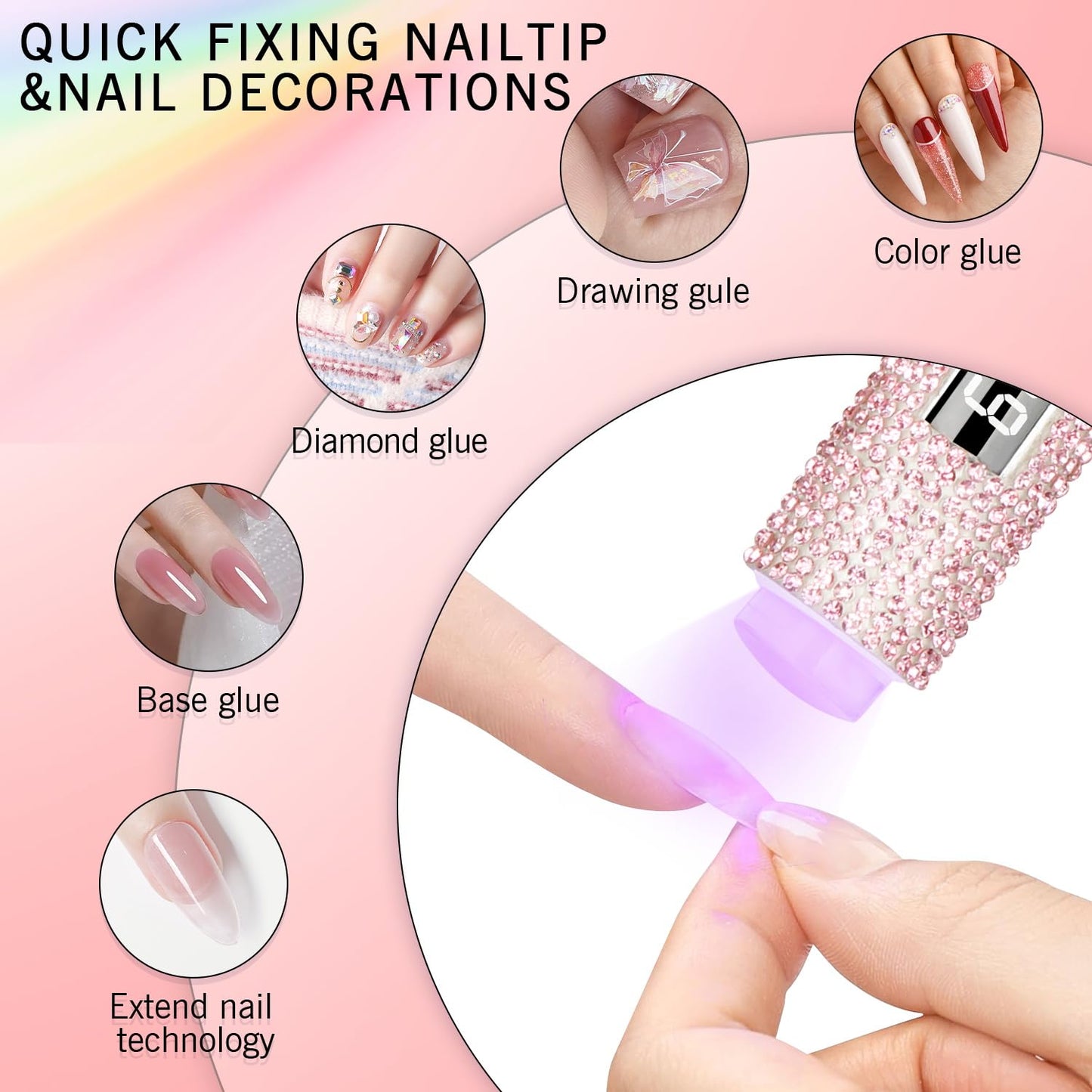 peccera Handheld UV Light for Gel Nails, Glitter UV Nail Lamp, Cordless Portable Mini Gel Nail Lamp for Fast Curing, Rechargeable LCD Polish Nail Dryer for DIY Manicure Decor - Pink Diamond
