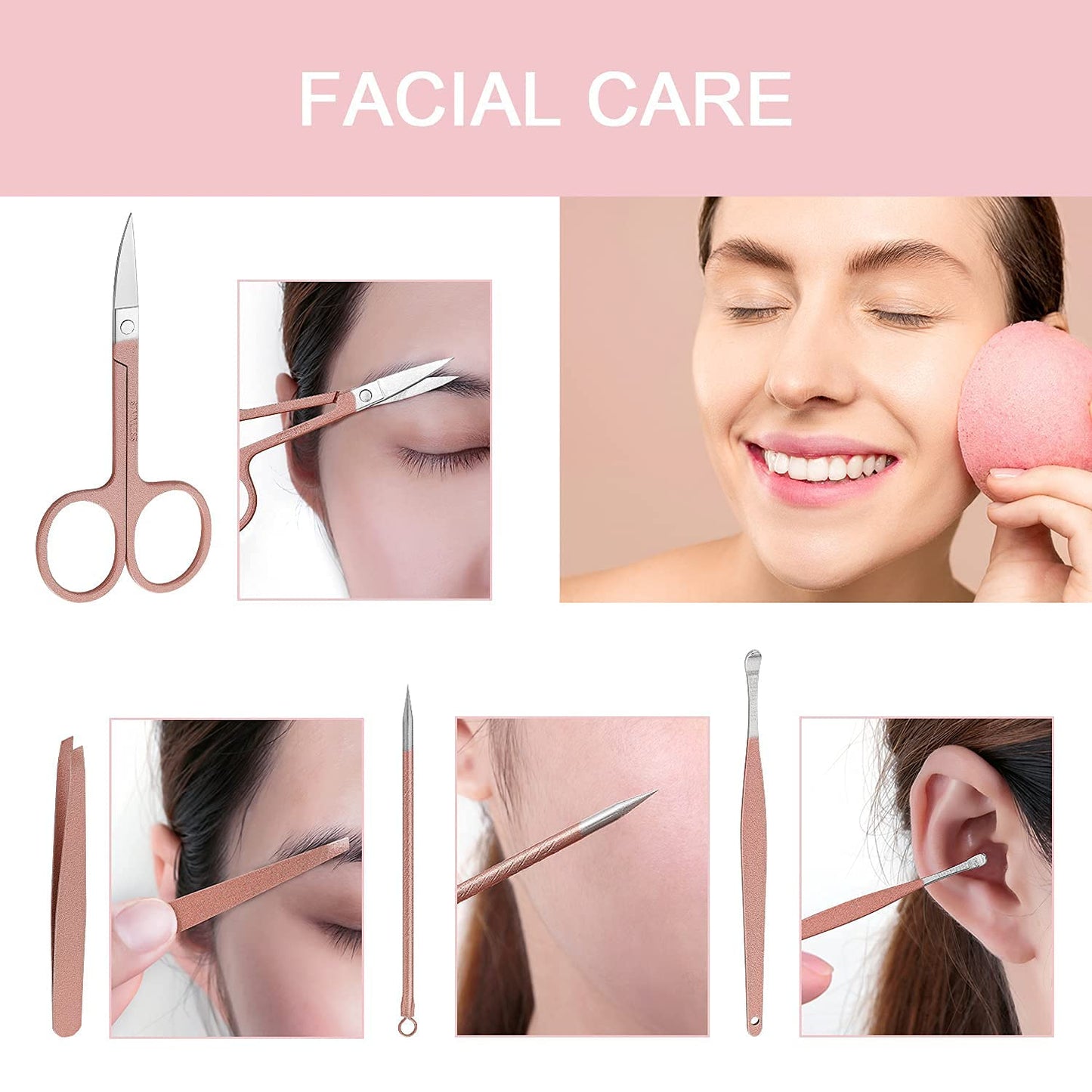 FAMILIFE F06 Manicure Set, 13pcs Pedicure Kit Rose Gold Nail Clipper Set Professional Manicure Kit and 12 Pieces Grooming Kit with Luxurious Leather Travel Case (D-Brown)