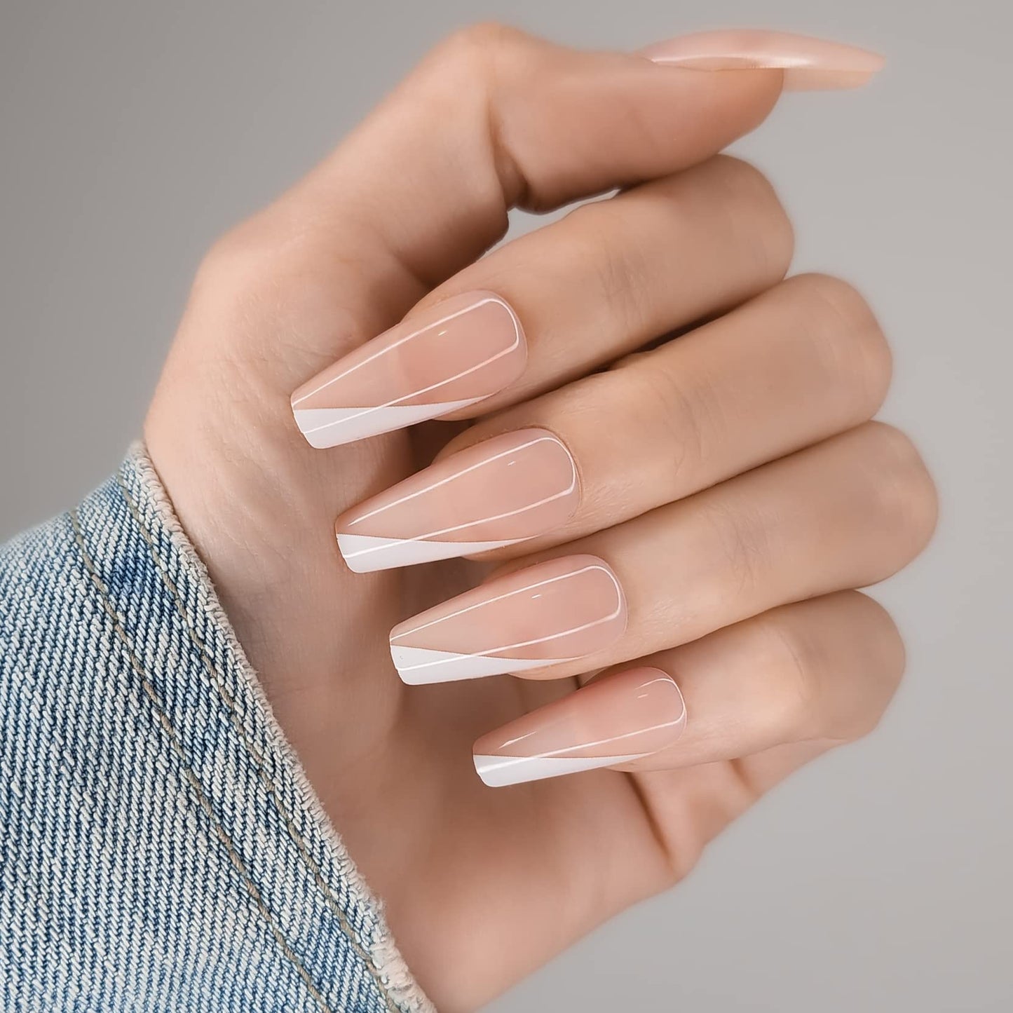 Hypnaughty 24 Pcs Paris Classy French Coffin Press On Nails with Design and Glue Medium Long Fake Nails Nude Pink and White Asymmetrical French Tip Glue On Nails Full Cover (Paris)