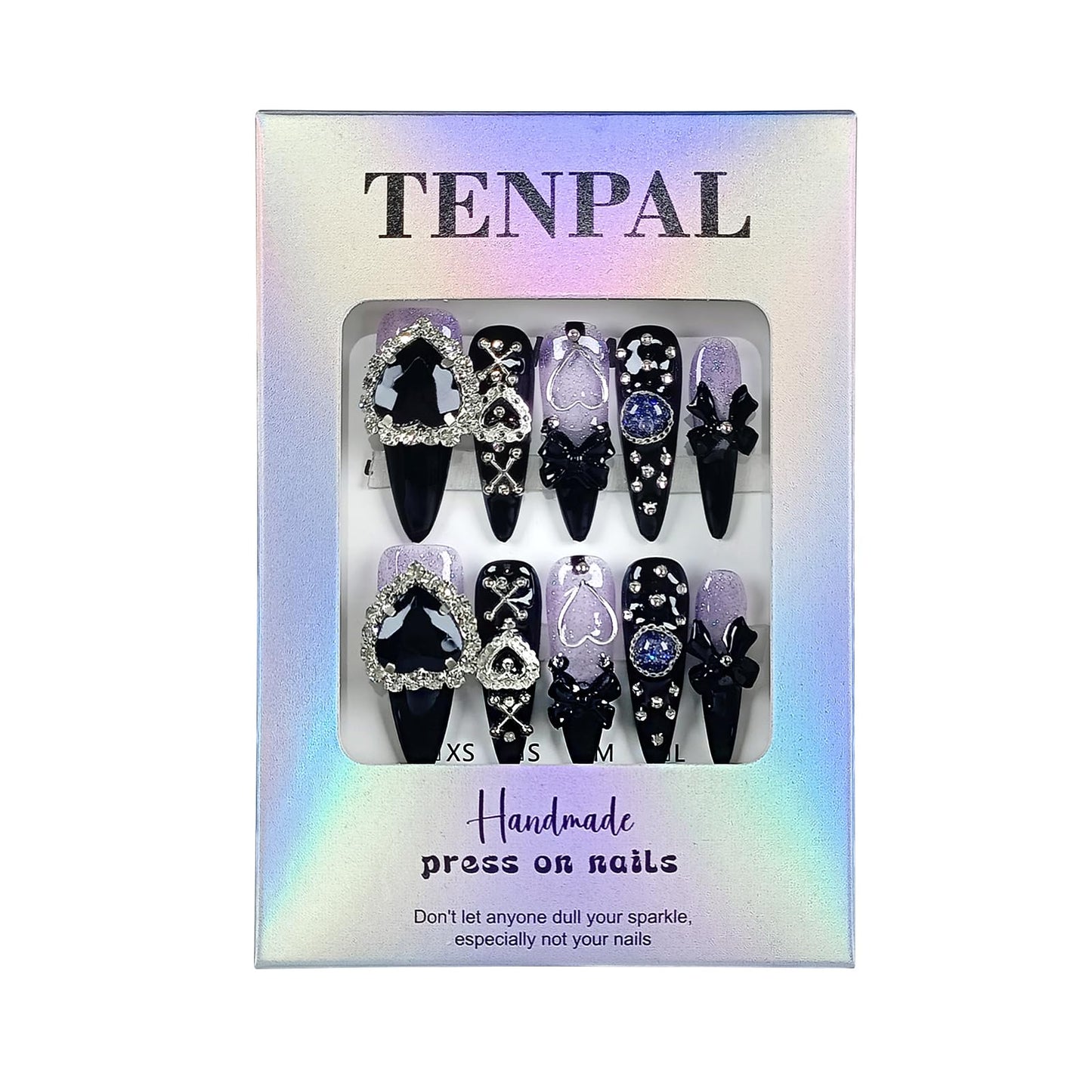 TENPAL Glam Punk Press on Nails Stiletto Almond Long,3D Heart Rhinestones&Metal Chains Designs,Black Glitter Purple Chrome Nails with Full Cover Micro Gems,Y2K Edgy Girly Streetwear Nails,10pcs M