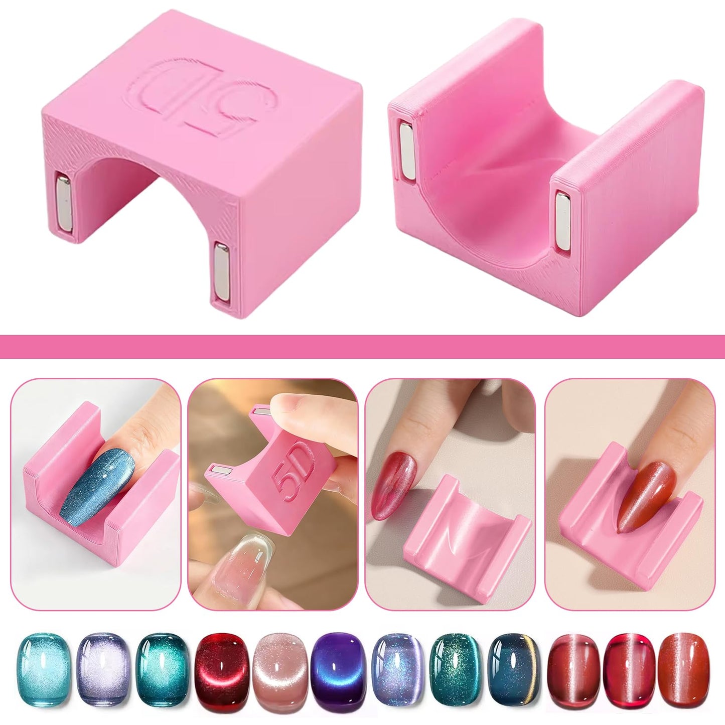 YECIRALA 2 Pcs Nail Art Cat Eye Magnets For Nails, 3 In 1 Pink Nail Magnet Pen And 5D Automatic Strong Magnet Tool For Cat Eye Designs Magnets, Heart, Lines & Wide Light Gel Nail Polish Magnet
