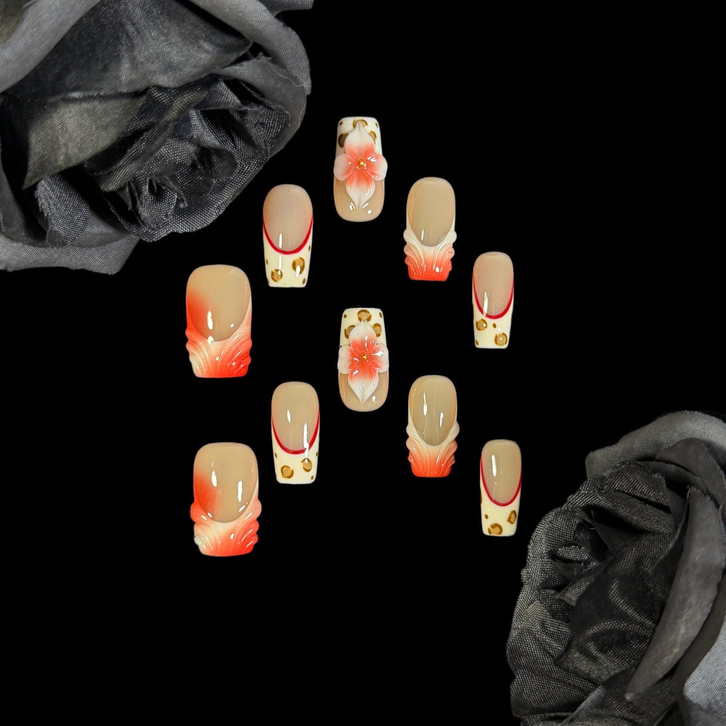 3D Handcrafted Press On Nails Medium/Short Square Length, Red French Tip Fake Nails with Leopard Print & Flower Design, Reusable Acrylic False Nails Crimbon Bloom (L)