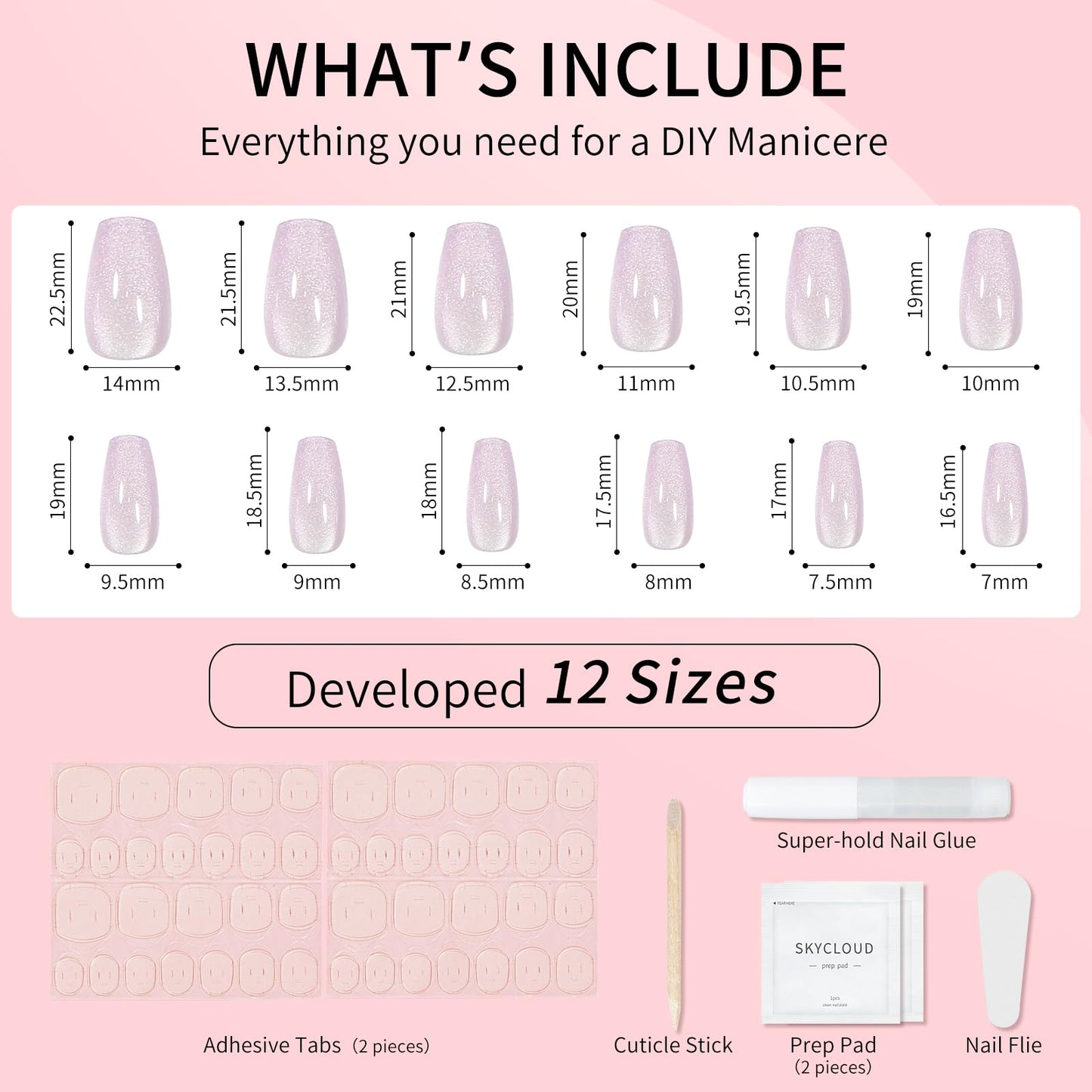 Cat Eyes Press On Nails,12 Sizes - 24 Pcs Soft Gel Purple Medium Coffin Fake Nails Kit with Nail Glue, Natural Reusable Stick On False Nails for Women and Girls (Skycloud Short Light Purple) SK0716