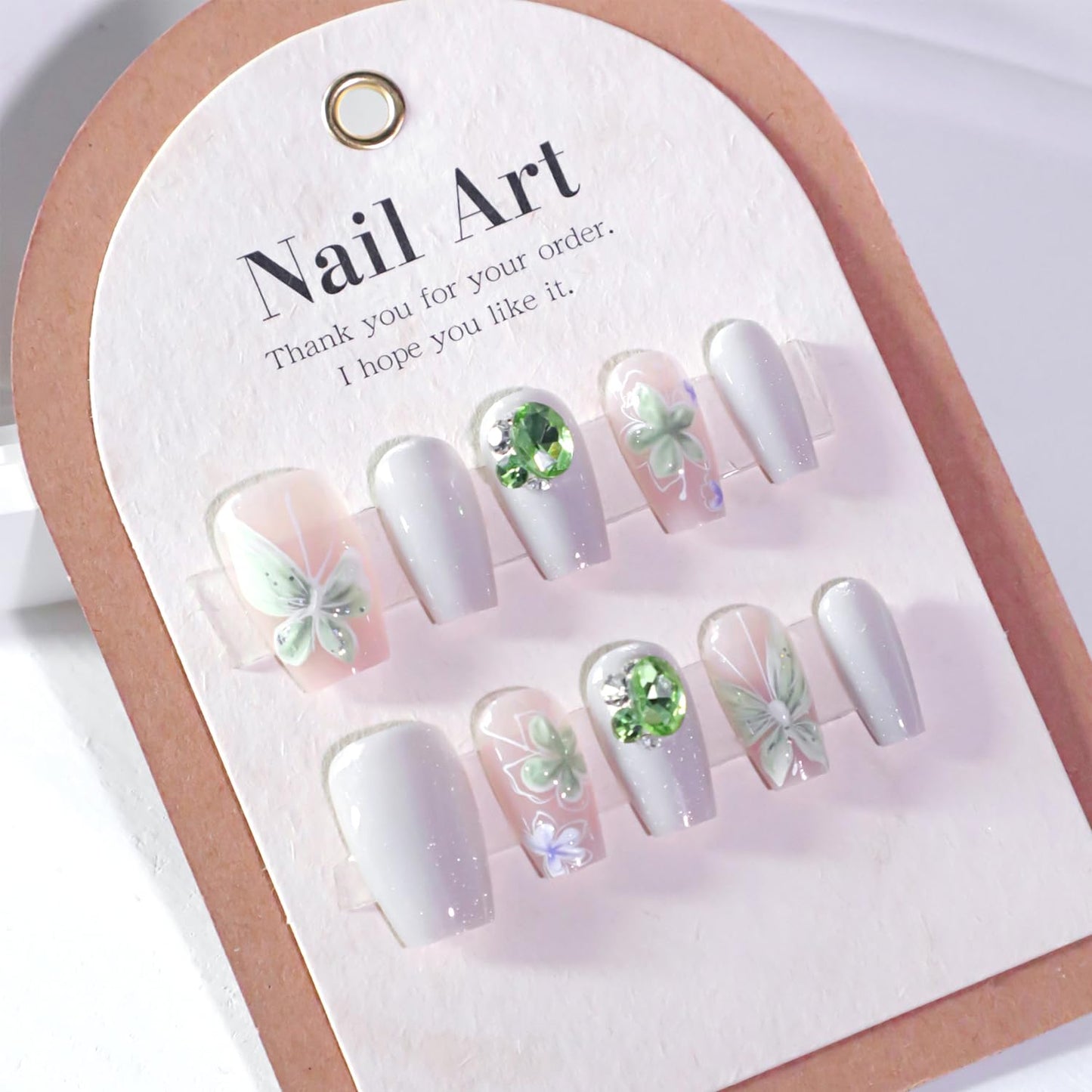 24Pcs Flower Butterfly Press on Nails Medium Fake Nails 3D Charm Gems Full Cover Acrylic False Nail Sparkling Glue on Artificial Nails Glossy Stick on Nail Nude Pink Press on Finger Nail Set for Women