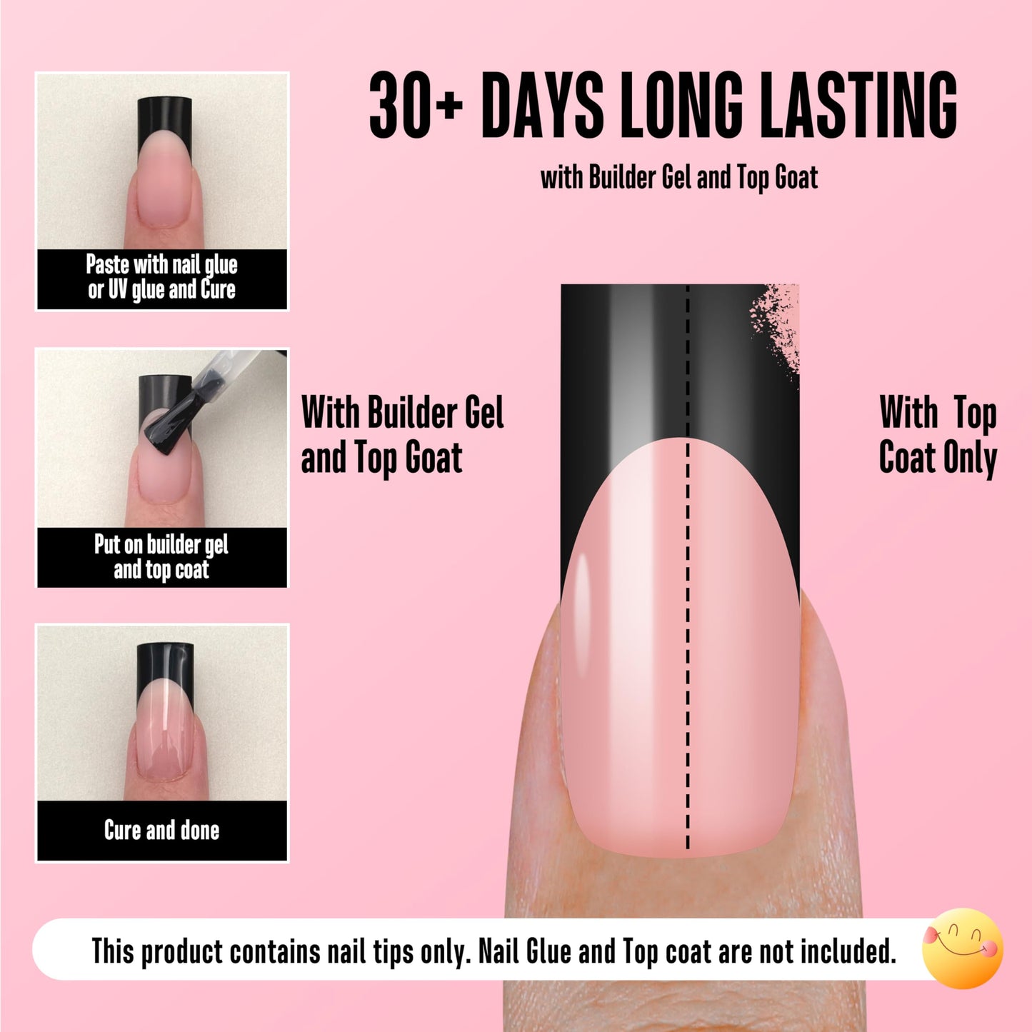 NOVO OVO Soft Gel Nail Tips Square Medium - Black French Tip on Baby Pink Base, 180Pcs Full Cover False Nails for Gel X Extension, Sharp Shape Pre-Designed Press on Nails for DIY Home Salon (15 Sizes)
