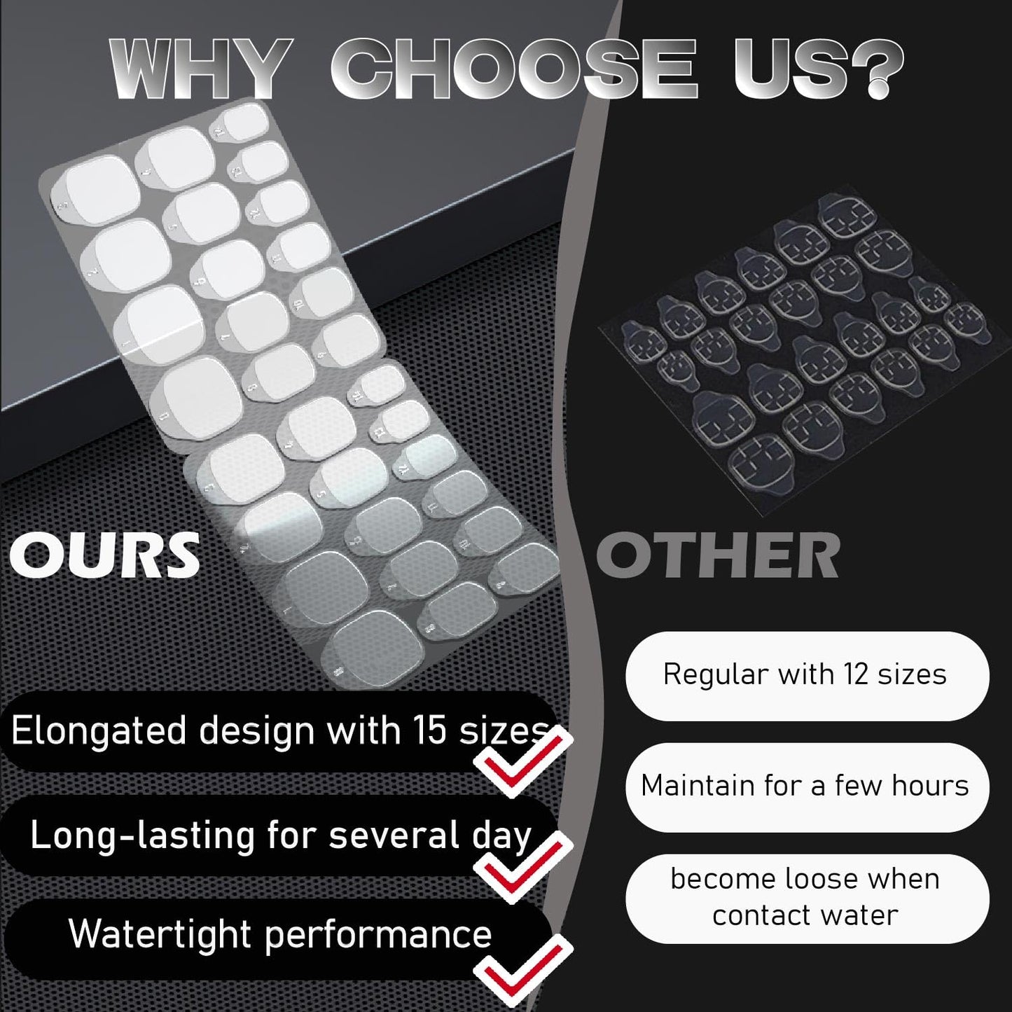 Jolly Snaps 300pcs Adhesive Tabs for Press On Nails, Quick At‑Home Manicure, Strong Hold & Non‑Damaging Temporary Wear, Waterproof Ultra Thin 0.3mm Transparent, Fits Most Adult Sizes