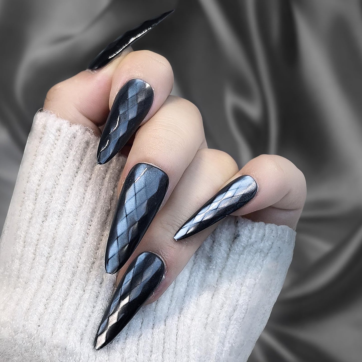 YOYfinee:Halloween 3D Rhombus Pattern Pointed-Long false nails，30pcs，12sizes，10 colors to choose，reuse with nail glue sticks. Dark(5)