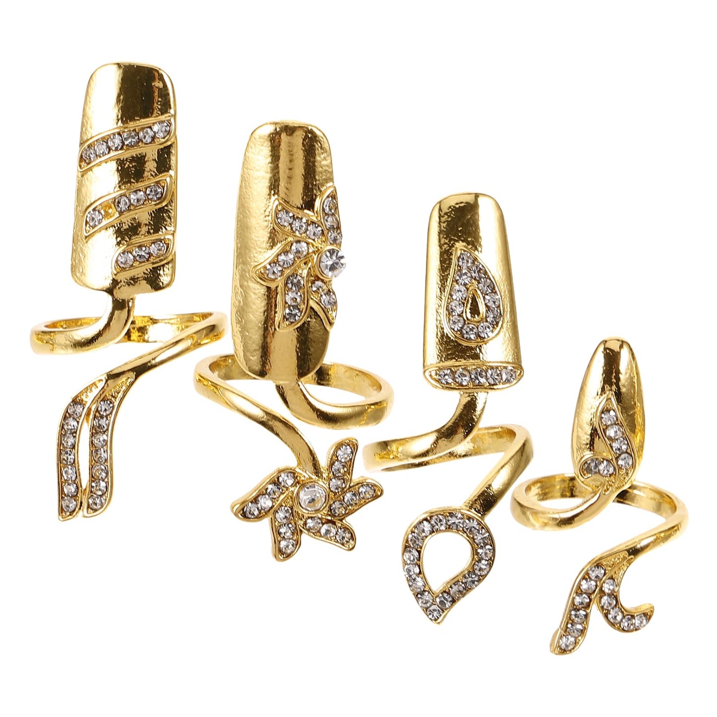 Lurrose Fingernail Rings for Women, Nail Cap Cover Ring Nail Rings Jewelry Fingertip Rhinestone Fingernail Ring Knuckle Nail Ring Decoration, 4pcs (Gold)