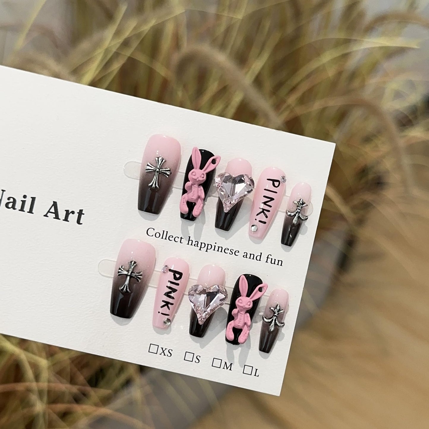 fake nails with 3D pink bunny & black cross charms, sweet yet edgy pink & black ombre design, stylish fake nails for women & girls (Medium)