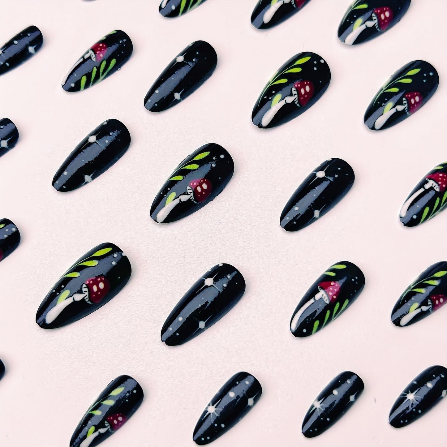 Black Press on Nails Medium Almond SWEKKE Fake Nails Cute False Nails with Mushroom Stars Designs Full Cover Glossy Glue on Nail Acrylic Nail for Women Girls 24Pcs