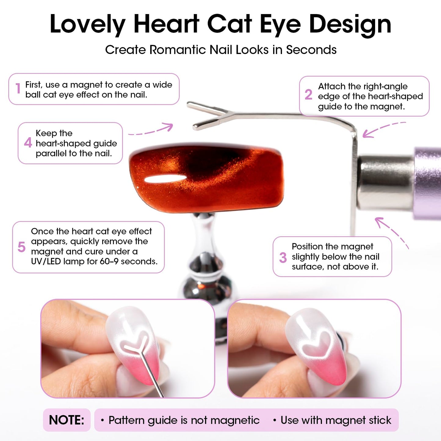 Gellen Cat Eye Magnet for Nails, Strong Magnetic Nail Magnet Set with Double Ended Magnet Pen, 8mm 10mm Ball Magnets, French Tip Cat Eye Guide Plate, Bunny & Heart Design Plates for Gel Nail Polish