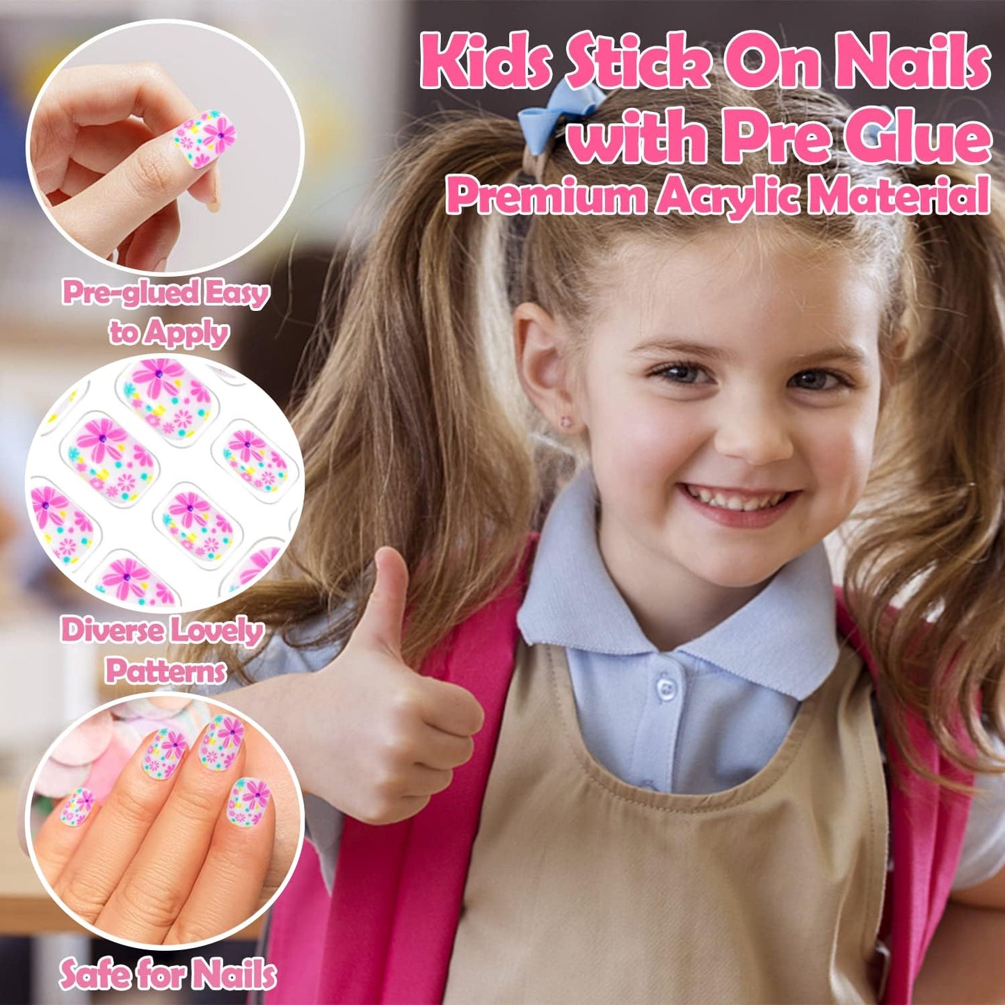 240 Pieces Press on Nails Girls Fake Nails for Kids Artificial Kids Press on Nails Full Cover Short Acrylic Stick On Nails False Nail Tips Kit for Girls Nail Art Decoration