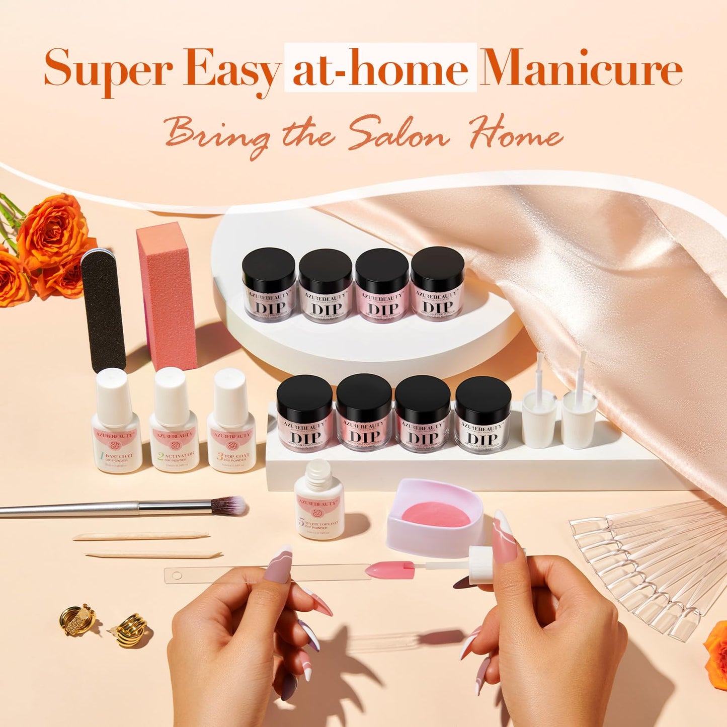 AZUREBEAUTY 30Pcs Dip Powder Nail Kit Starter with Nail Sticks, Nude Skin Tones Neutral Pink 8 Colors Dipping Liquid Set Matte Top Coat for Nail Art Manicure Salon DIY Home