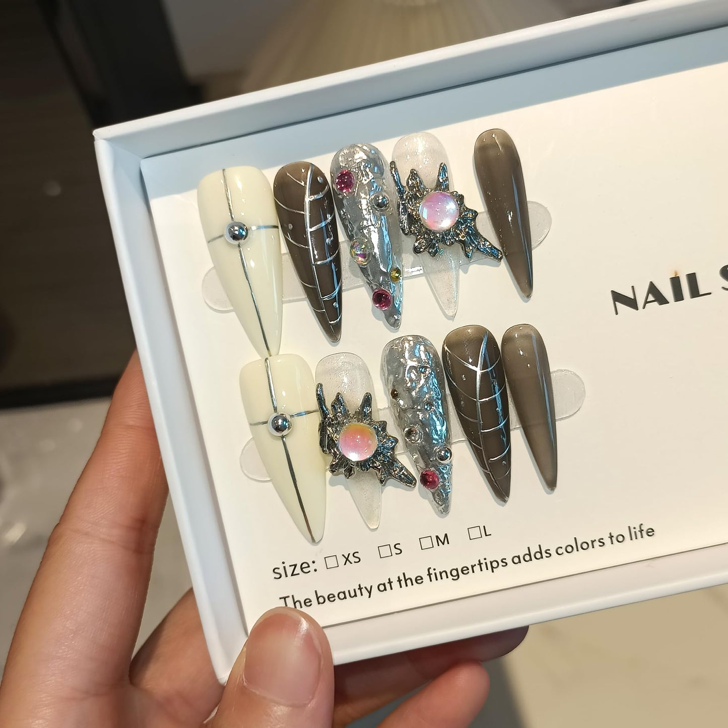 TENPAL Gothic Black-Grey 3D Metallic Press on Nails Long Stiletto,Gems Chains Hand-Painted Fake Nails with Soft Gel,Halloween Party Vampire Nails,Edgy Rhinestone Y2K Nail Kit with Tools 10pcs(L)