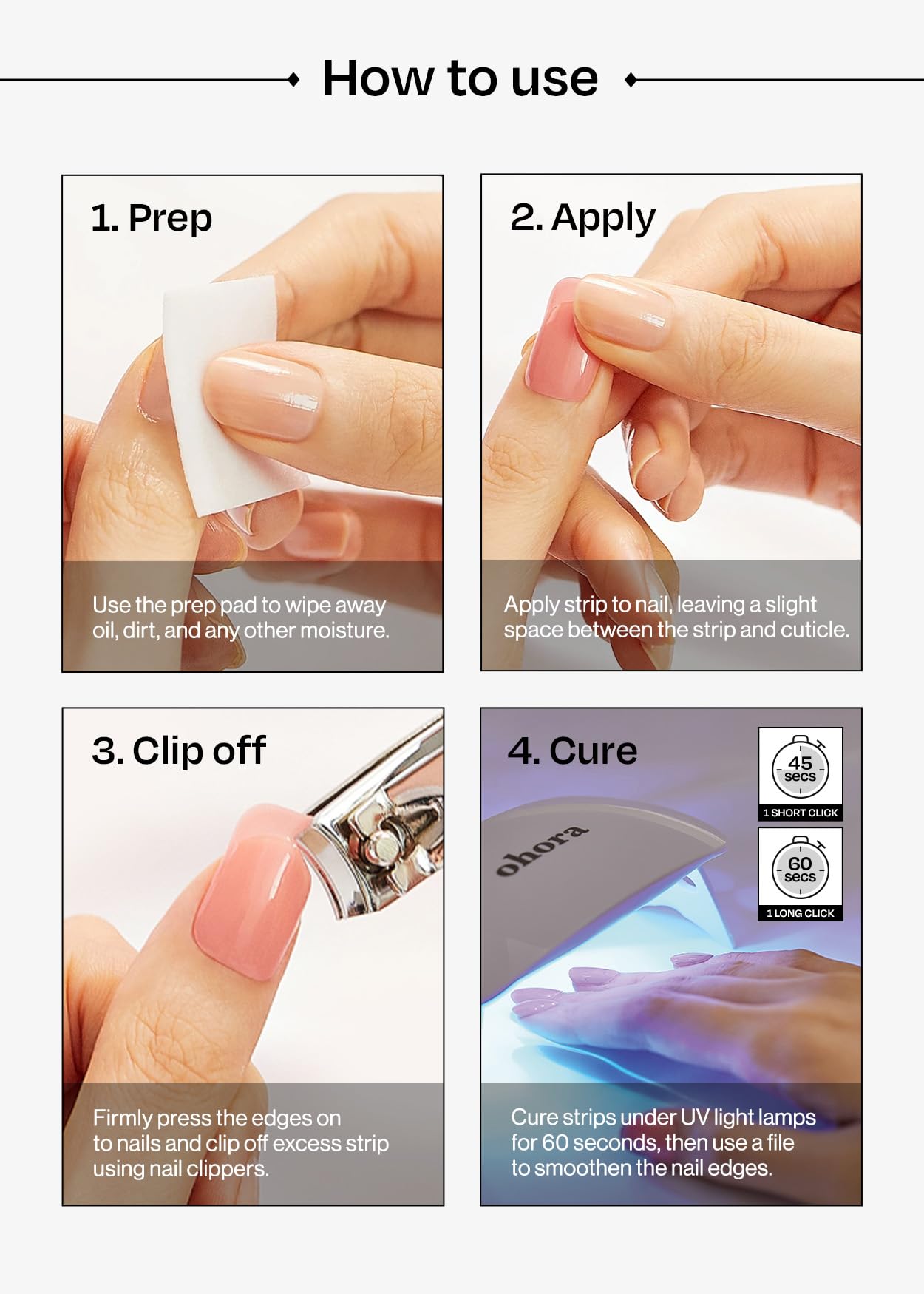 ohora Semi Cured Gel Nail Strips (N Cream Glow) - Pink, Solid, Works with Any UV/LED Lamps, Salon-Quality, Long Lasting, Easy to Apply & Remove - Includes 2 Prep Pads, Nail File & Wooden Stick